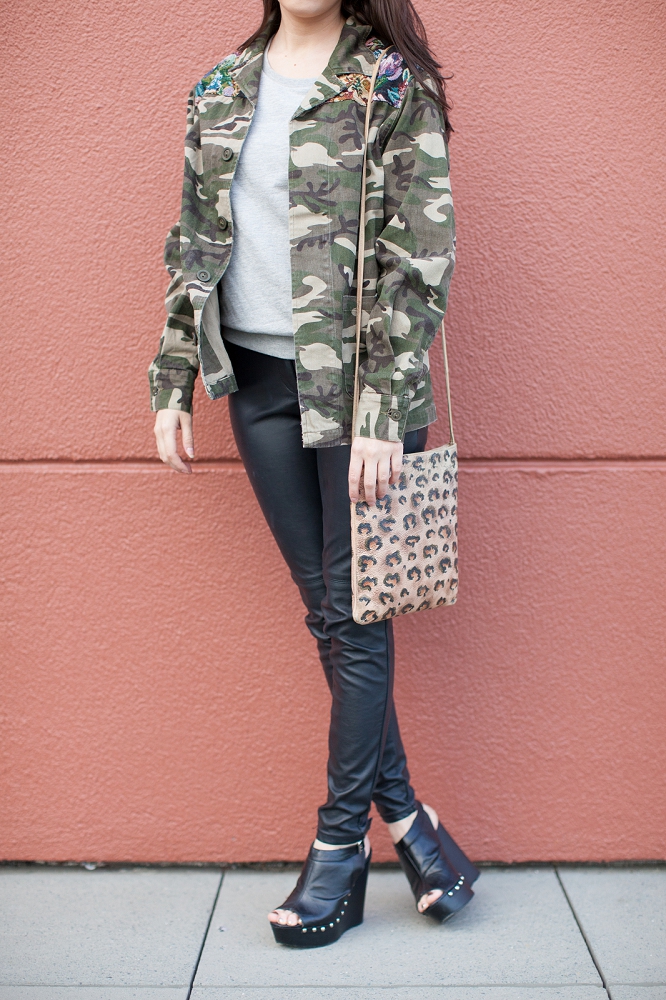 camo jacket, leather pants, style, fall, winter, leopard, grey, target, riffraff, h&m