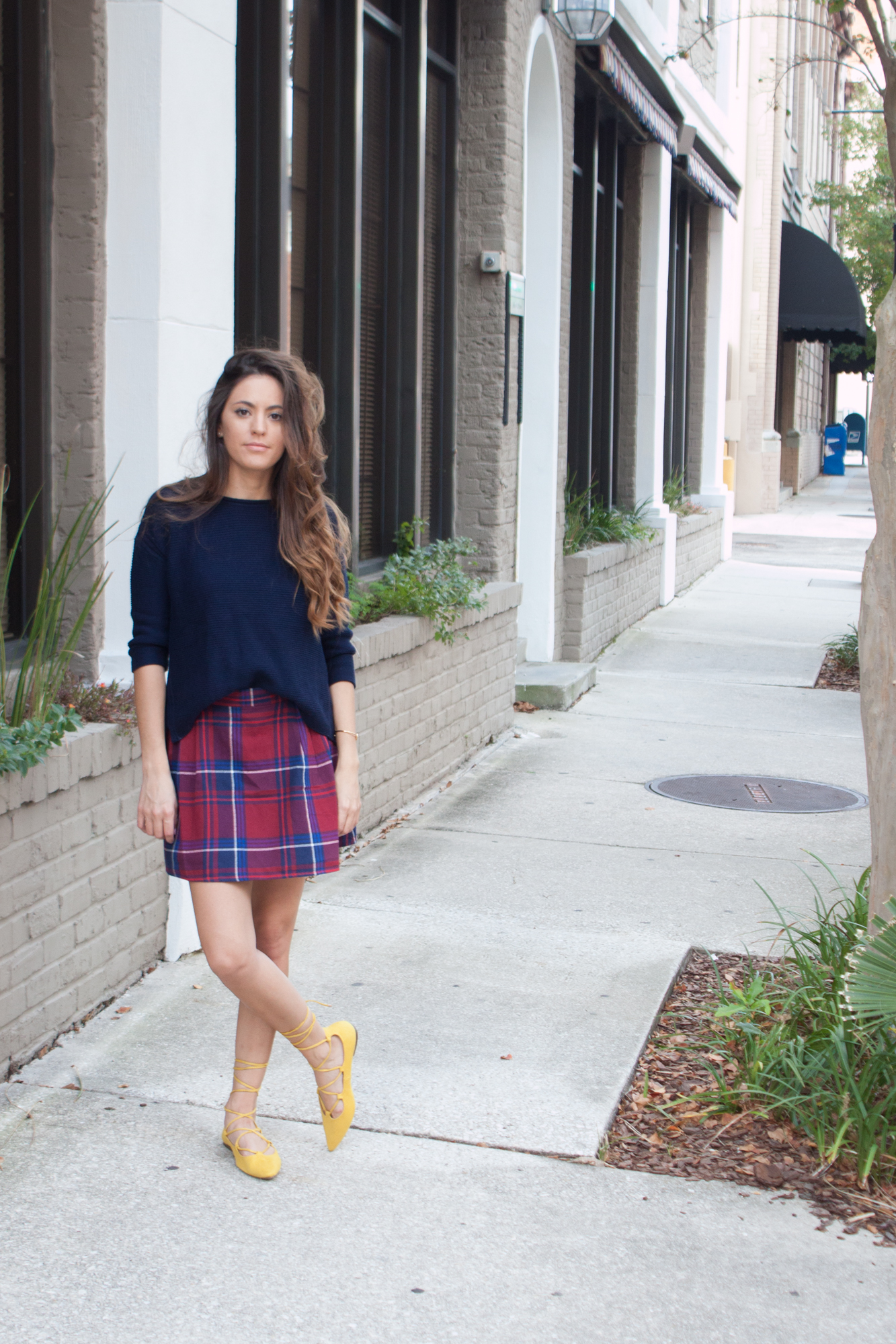 old navy technicolor, pop of color in fall, fall outfit ideas, how to style a plaid skirt, lace up pointed flats, how to wear pointed lace up flats, yellow shoes