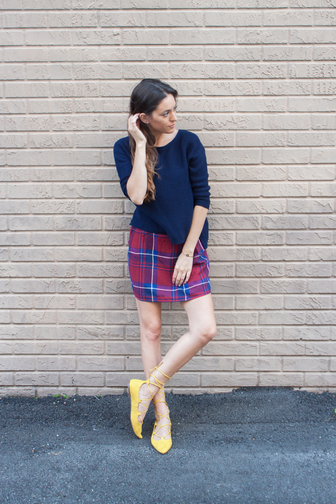 old navy technicolor, pop of color in fall, fall outfit ideas, how to style a plaid skirt, lace up pointed flats, how to wear pointed lace up flats, yellow shoes