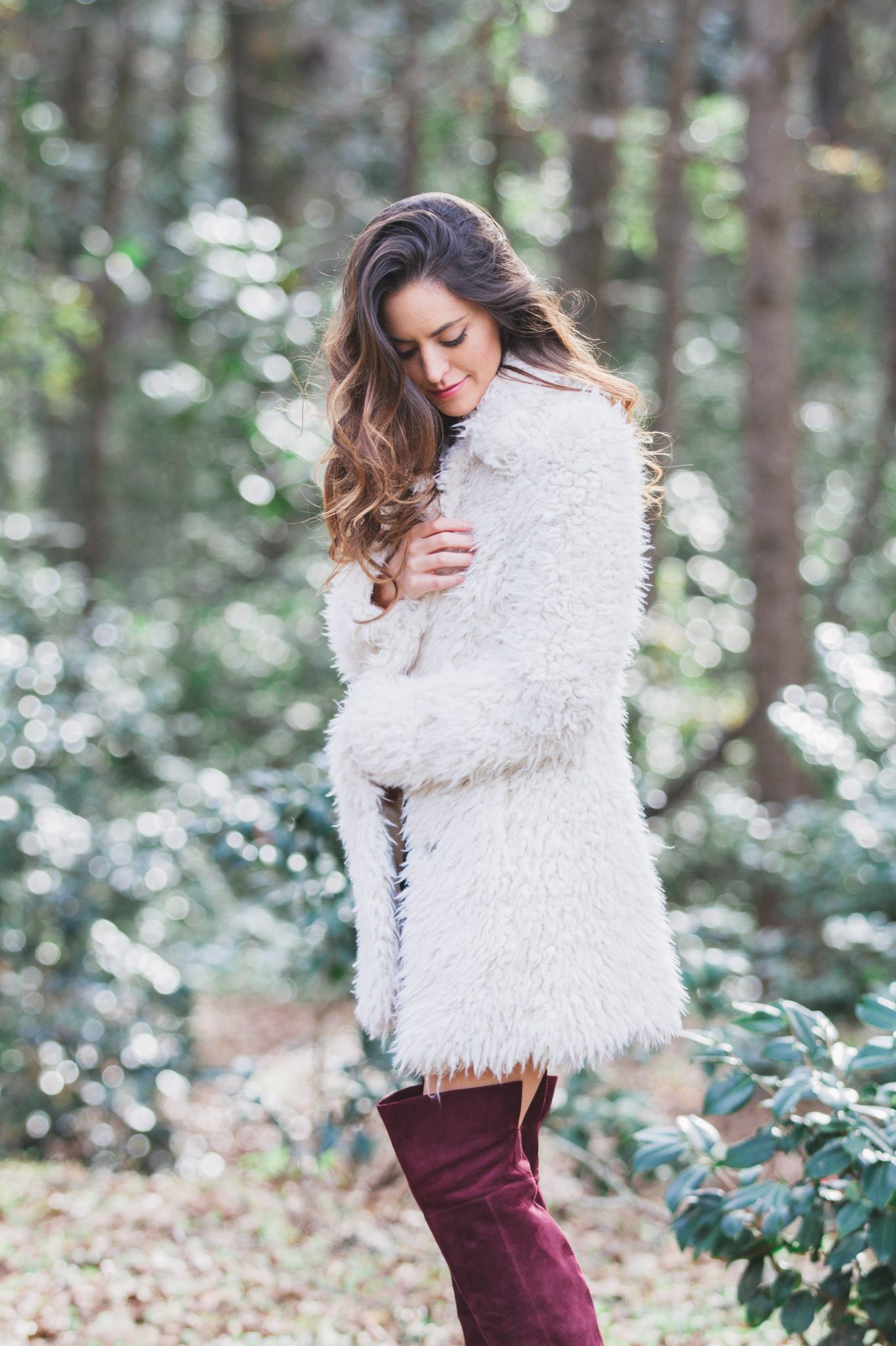 how to wear a romper in the winter, how to style a romper for winter, furry coat, big fuzzy coat, burgundy over the knee boots, chic winter style