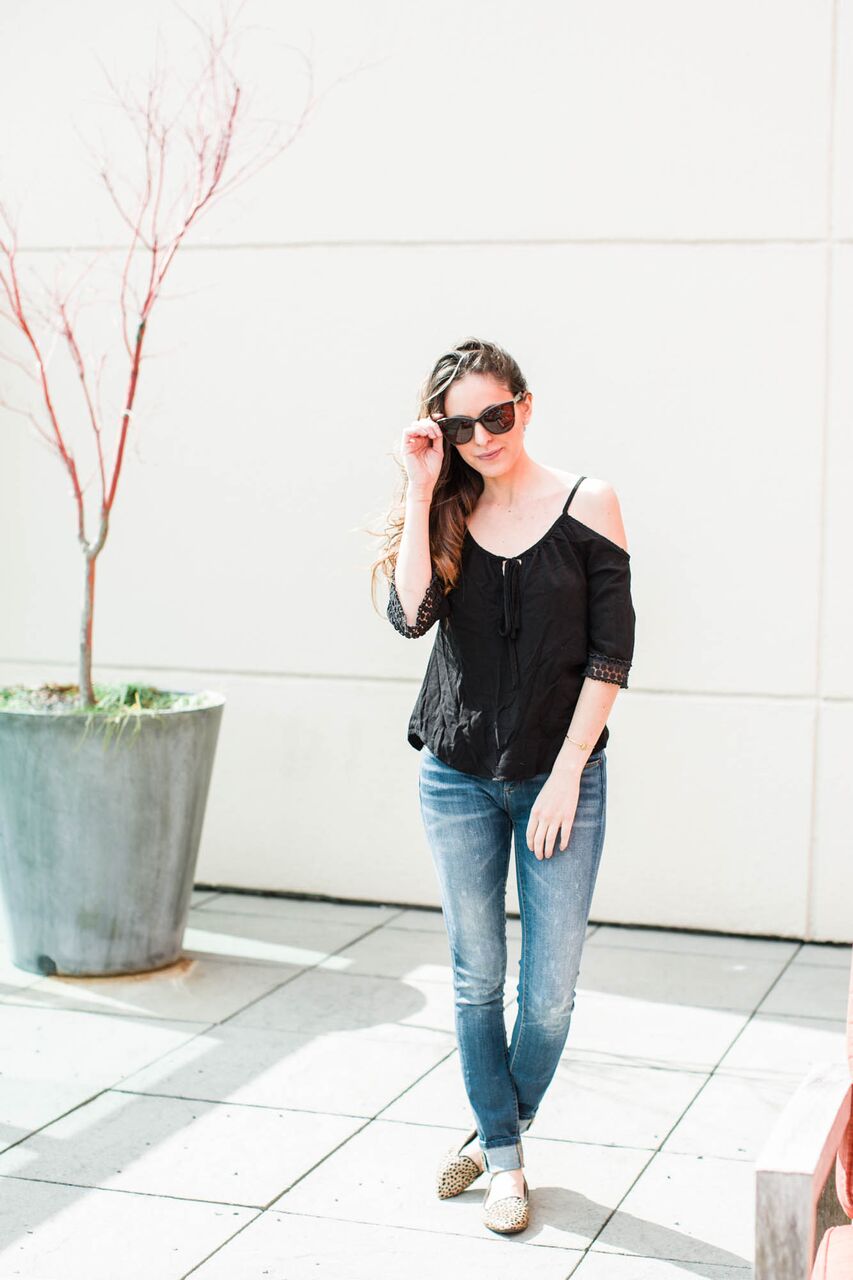 off the shoulder top, off-the-shoulder-top, spring style, casual style, how to wear off the shoulder, cold shoulder top, cheetah flats, leopard flats