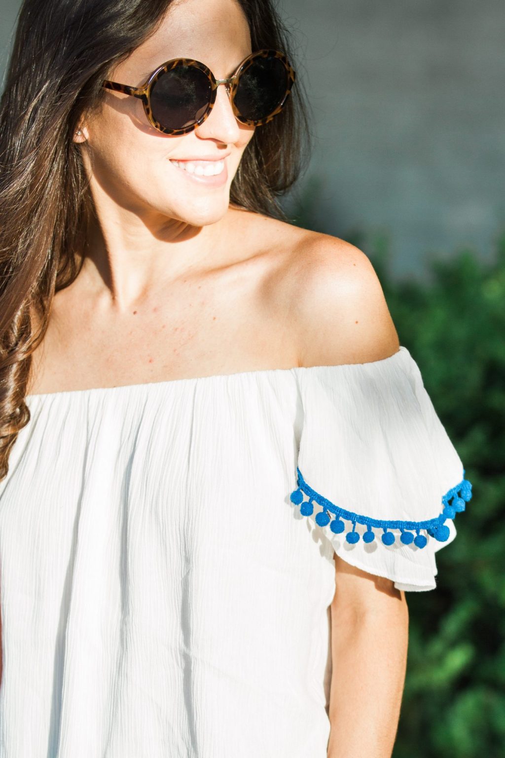 poms, off the shoulder, summer style, casual style