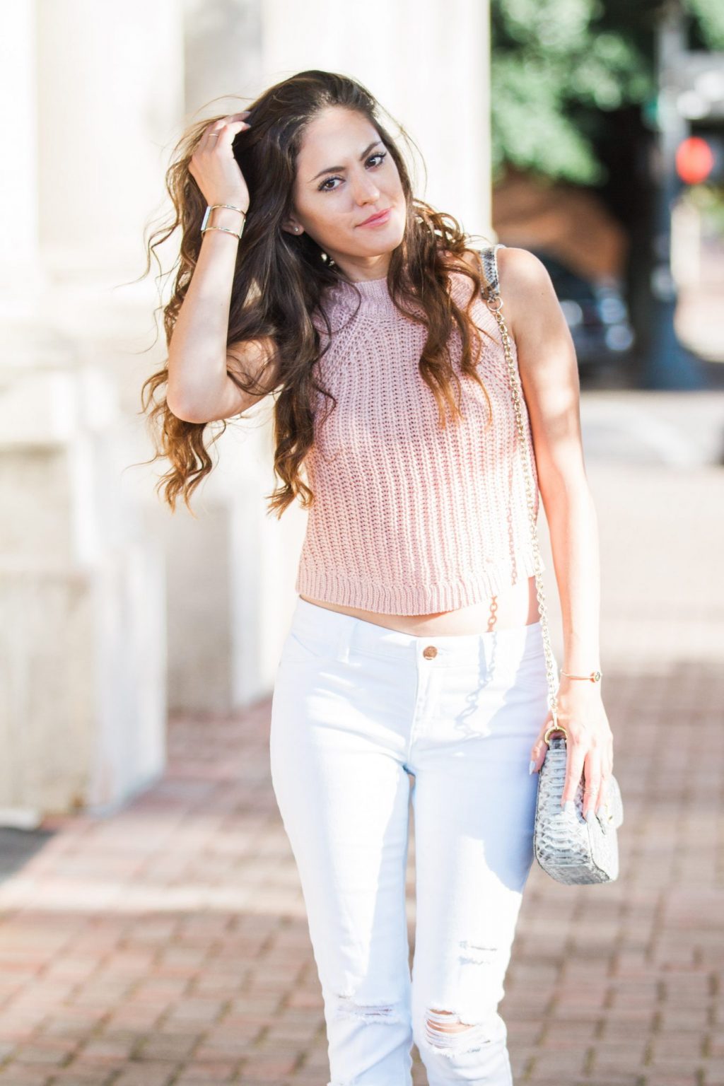 pink and white, casual elegance, stylish summer outfits, taxidermy bags, how to style white ripped jeans, lush to blush, atlanta style blogger, trendy style, glam weekend looks, python crossbody
