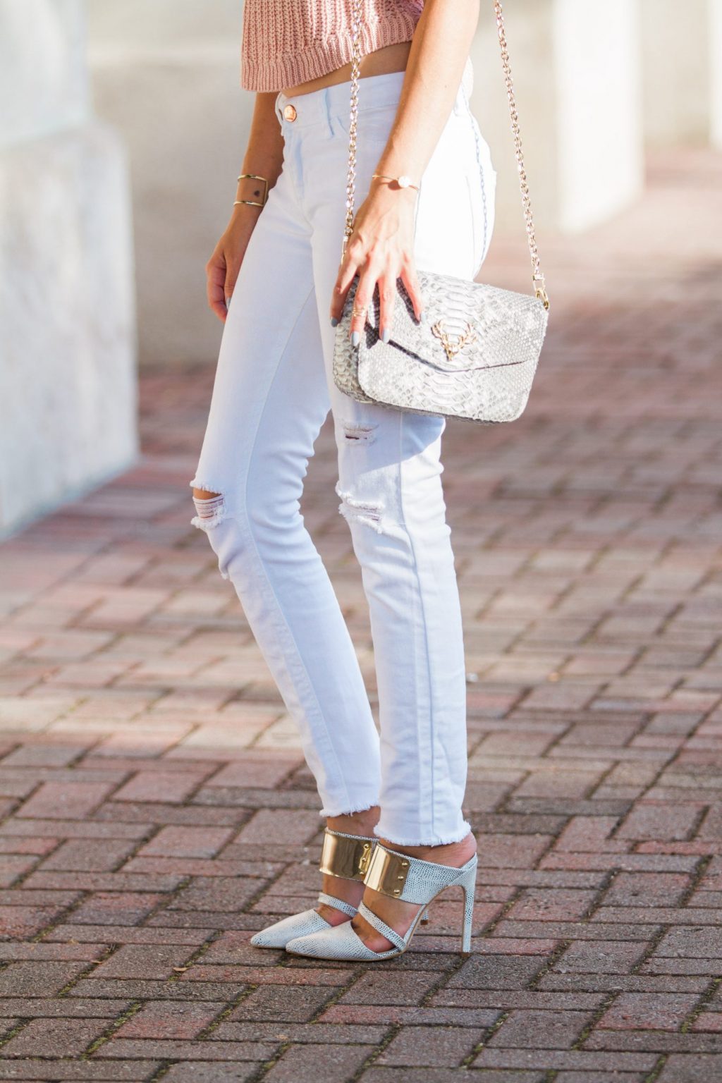pink and white, casual elegance, stylish summer outfits, taxidermy bags, how to style white ripped jeans, lush to blush, atlanta style blogger, trendy style, glam weekend looks, python crossbody