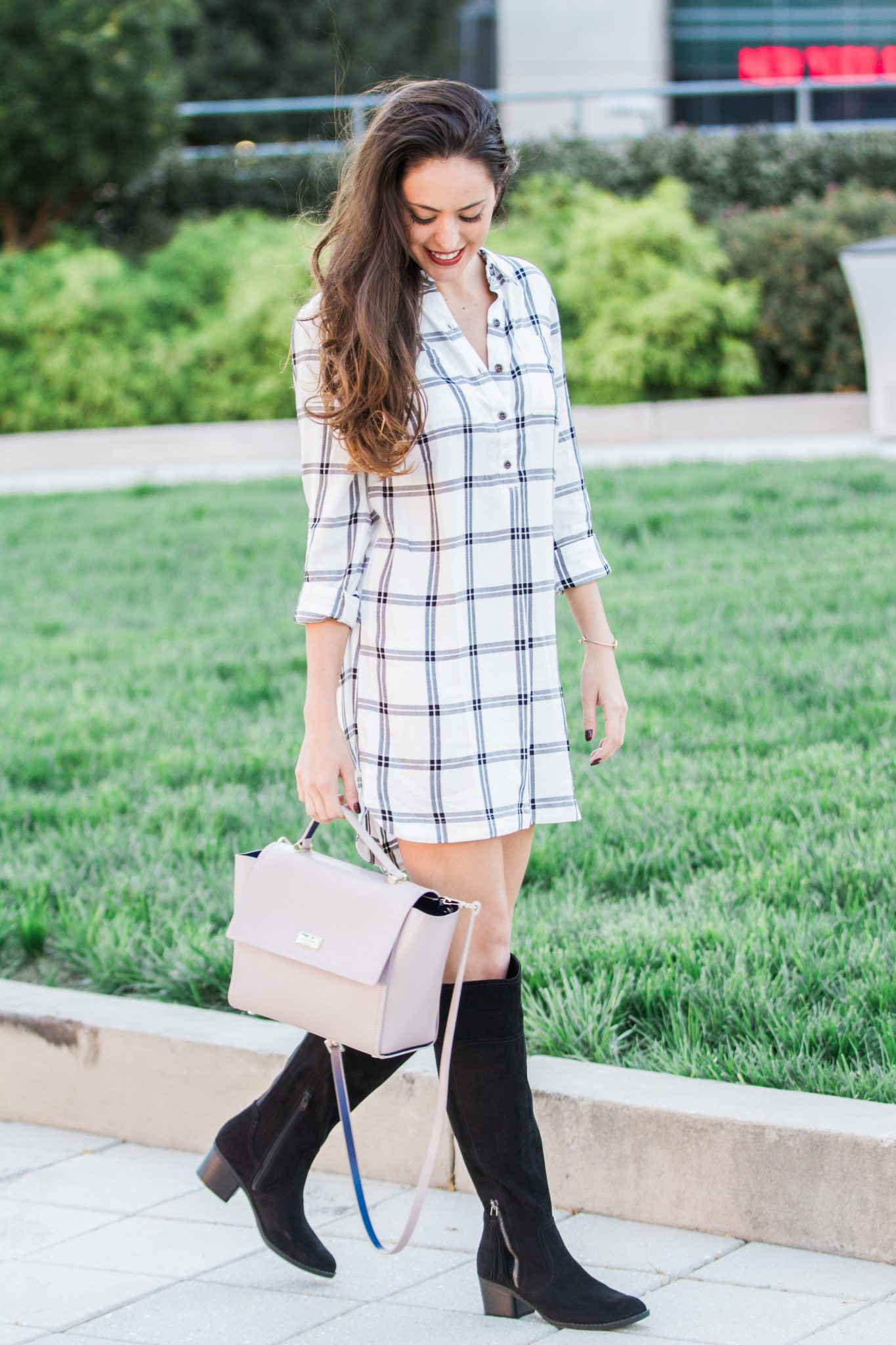 where to shop in atlanta, shopping in atlanta, indigo rd alluring 2 boots in black, plaid dress, belk, how to wear a dress with boots, otk boots, over the knee boots, kate spade ARBOUR HILL LILAH, fall style, classic fall style, casual fall style, shopping outfit ideas, fall outfit ideas