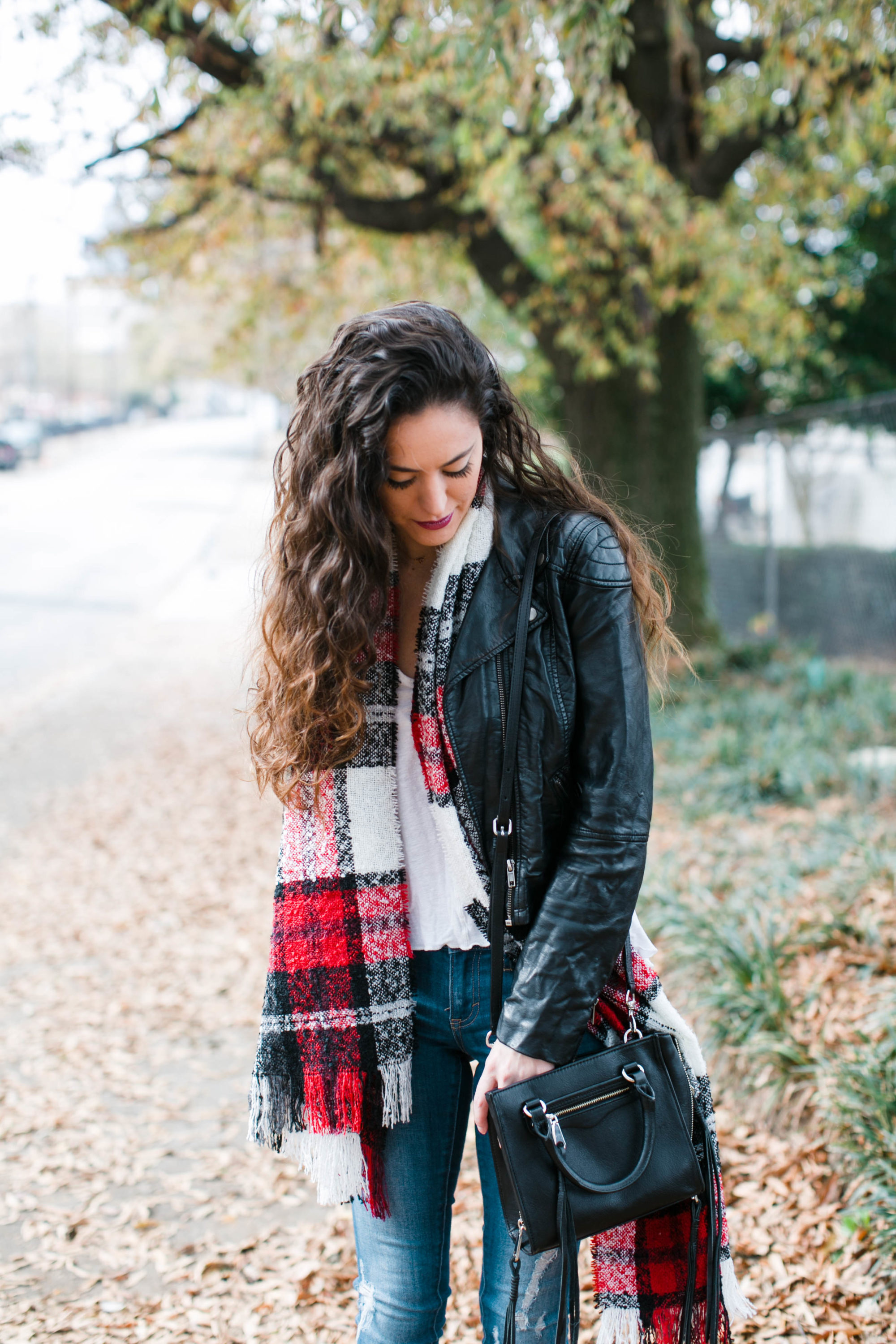 casual fall style, how to wear a plaid scarf, how to wear a leather jacket, fall to winter casual style, what to wear in December, getting in the holiday spirit, atlanta style blogger