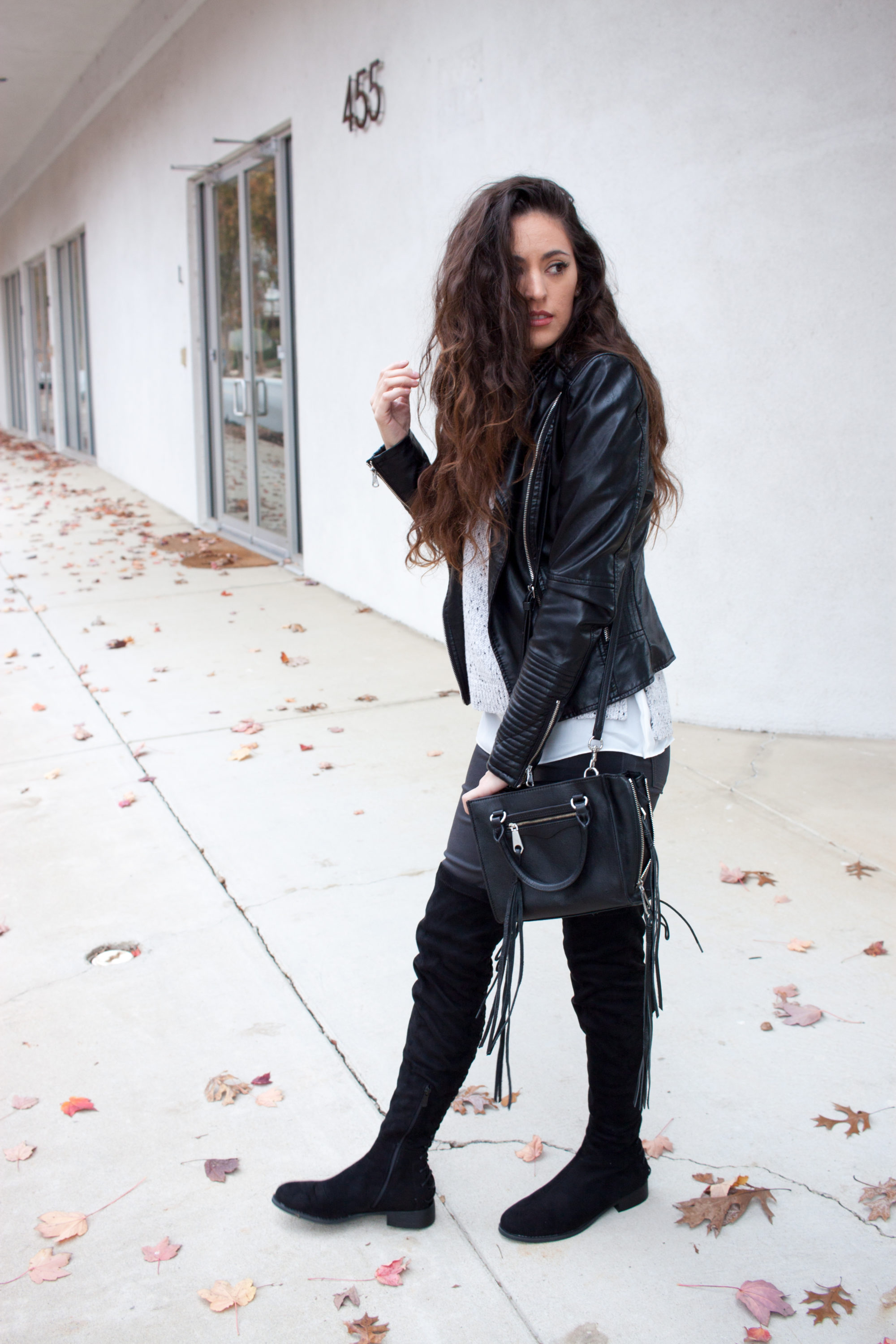 black over the knee boots flat, faux leather jacket, how to wear otk boots in the winter, simple fall style, casual cool fall style, rebecca minkoff black crossbody, rebecca minkoff side zip mini regan tote, atlanta style blogger, fall in the south, winter in the south, southern blogger