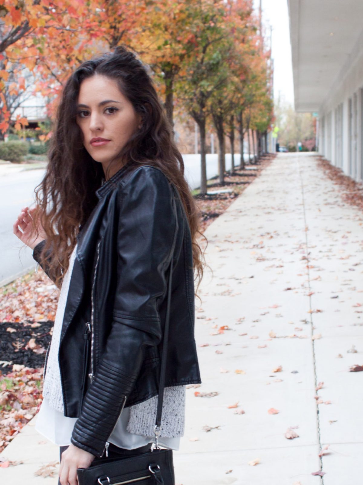 black over the knee boots flat, faux leather jacket, how to wear otk boots in the winter, simple fall style, casual cool fall style, rebecca minkoff black crossbody, rebecca minkoff side zip mini regan tote, atlanta style blogger, fall in the south, winter in the south, southern blogger