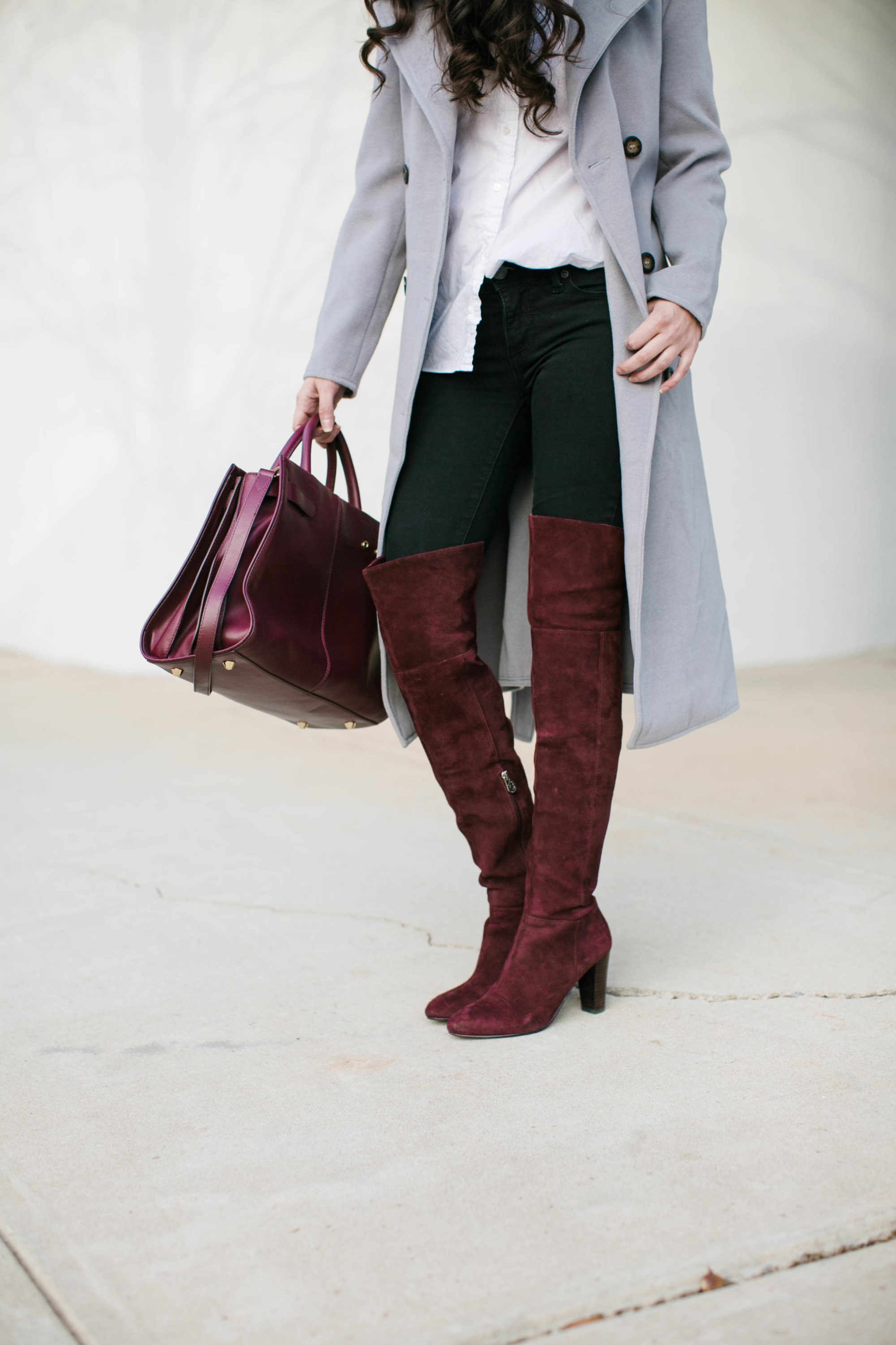 wine otk boots, wine over the knee boots, wearing color in the winter, wine winter wardrobe, grey winter coat, merlot lip color