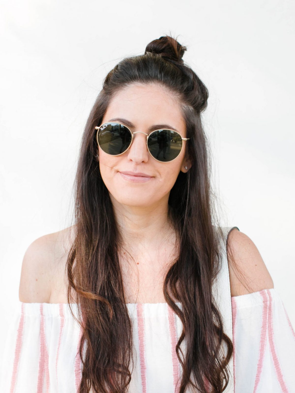 spring style, casual spring style, striped off the shoulder top, how to style an off the shoulder top, summer style, round ray-bans, chinese laundry flats, rebecca minkoff white saddle bag