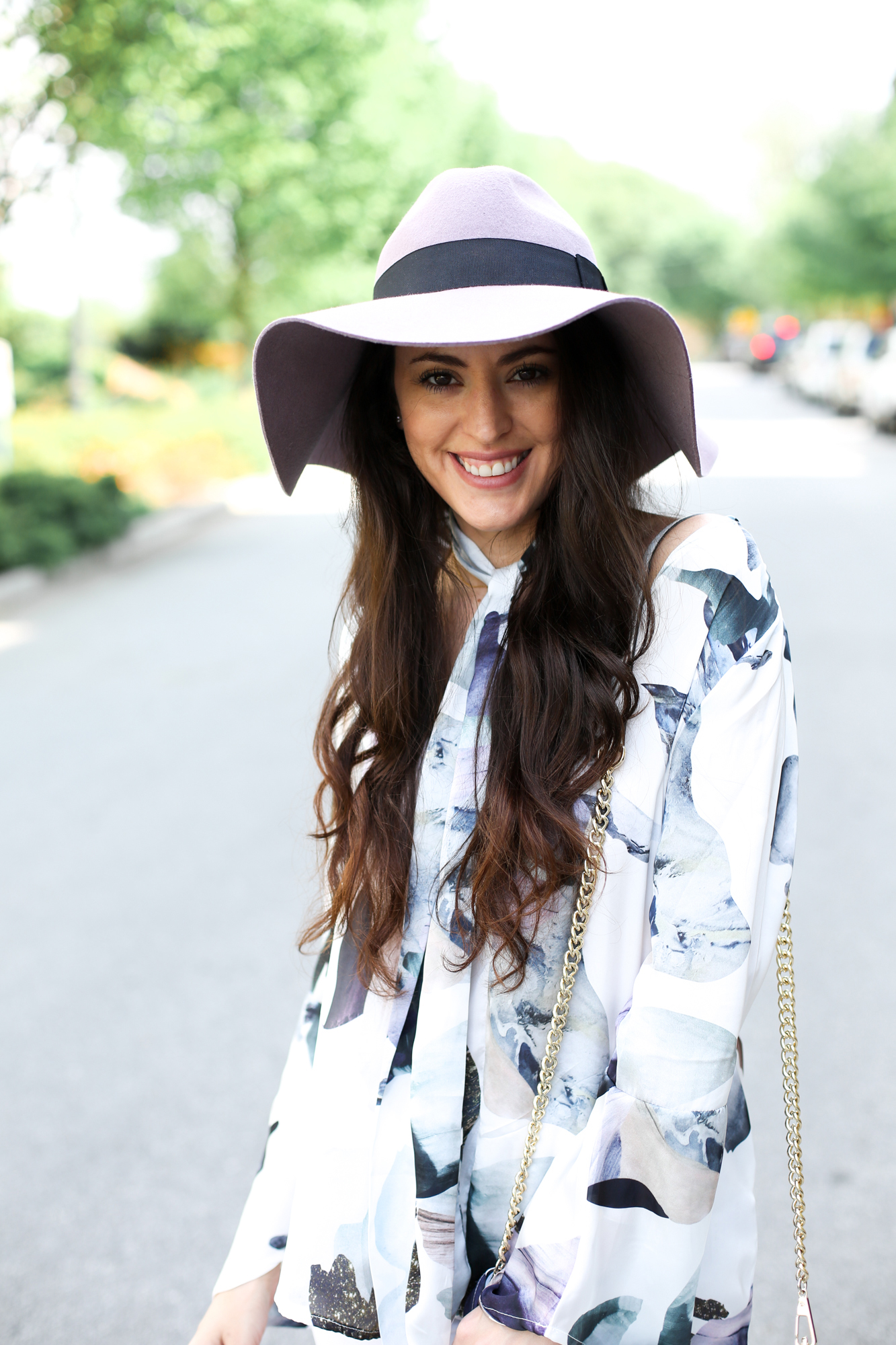 spring style, 70s vibes, 60s glam, 70s glam, spring chic, how to style a hat for spring, chinese laundry theresa smoke grey, purple floppy hat, wide brim fedora, wide brim hat, rebecca minkoff fringe crossbody