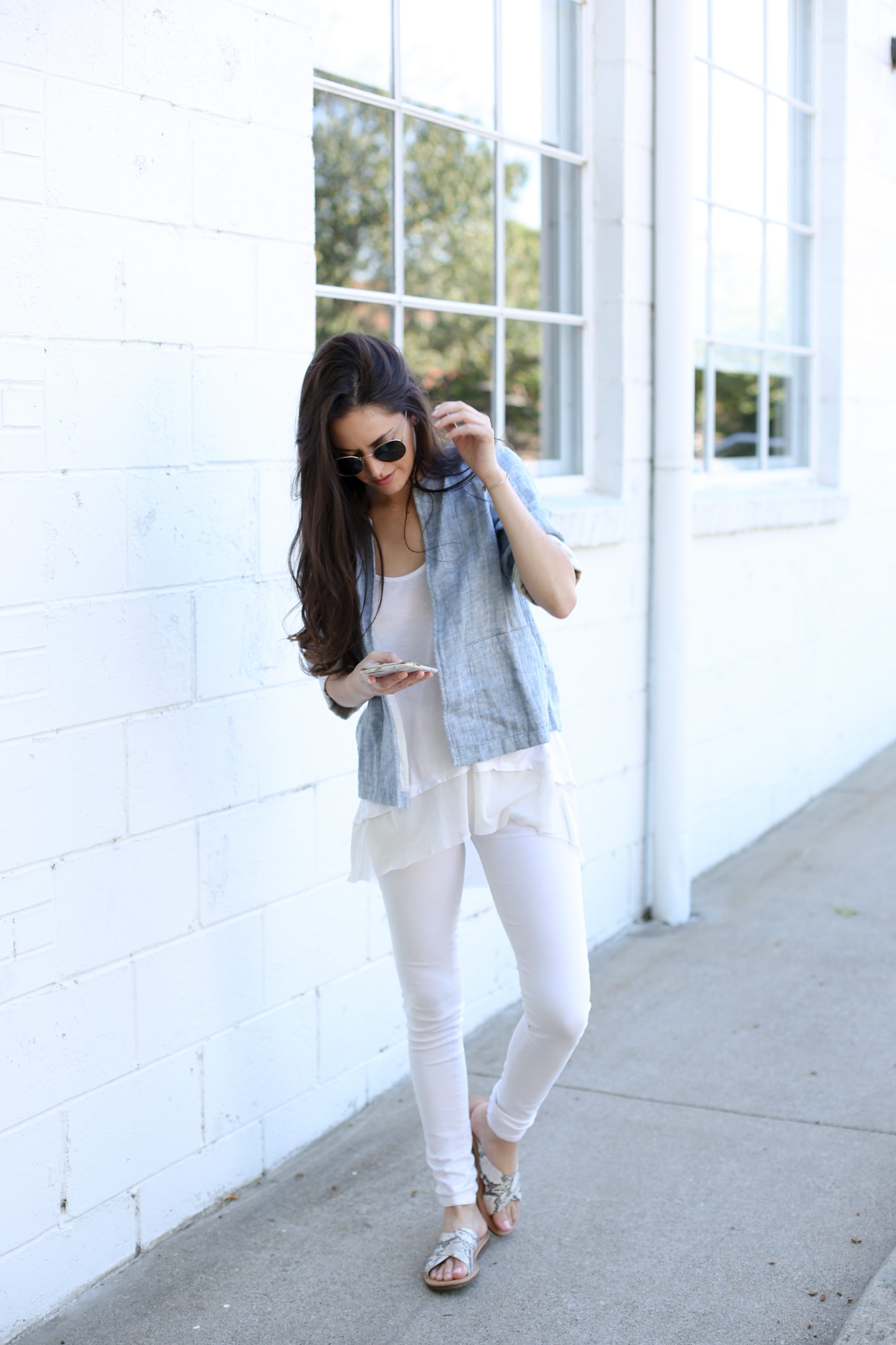 Eileen Fisher, blue and white, spring style, light colors, how to wear all white, spring outfit ideas