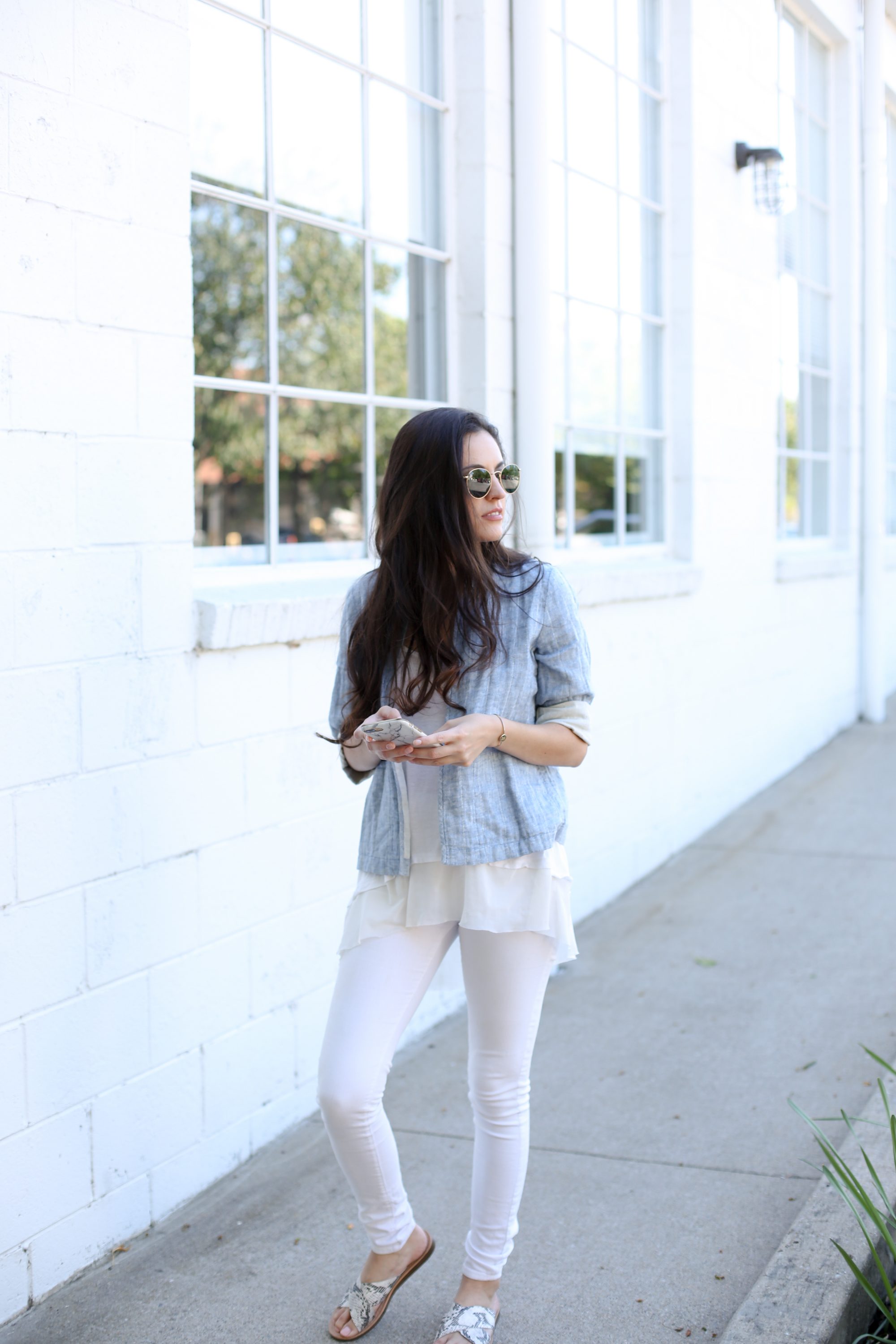 Eileen Fisher, blue and white, spring style, light colors, how to wear all white, spring outfit ideas