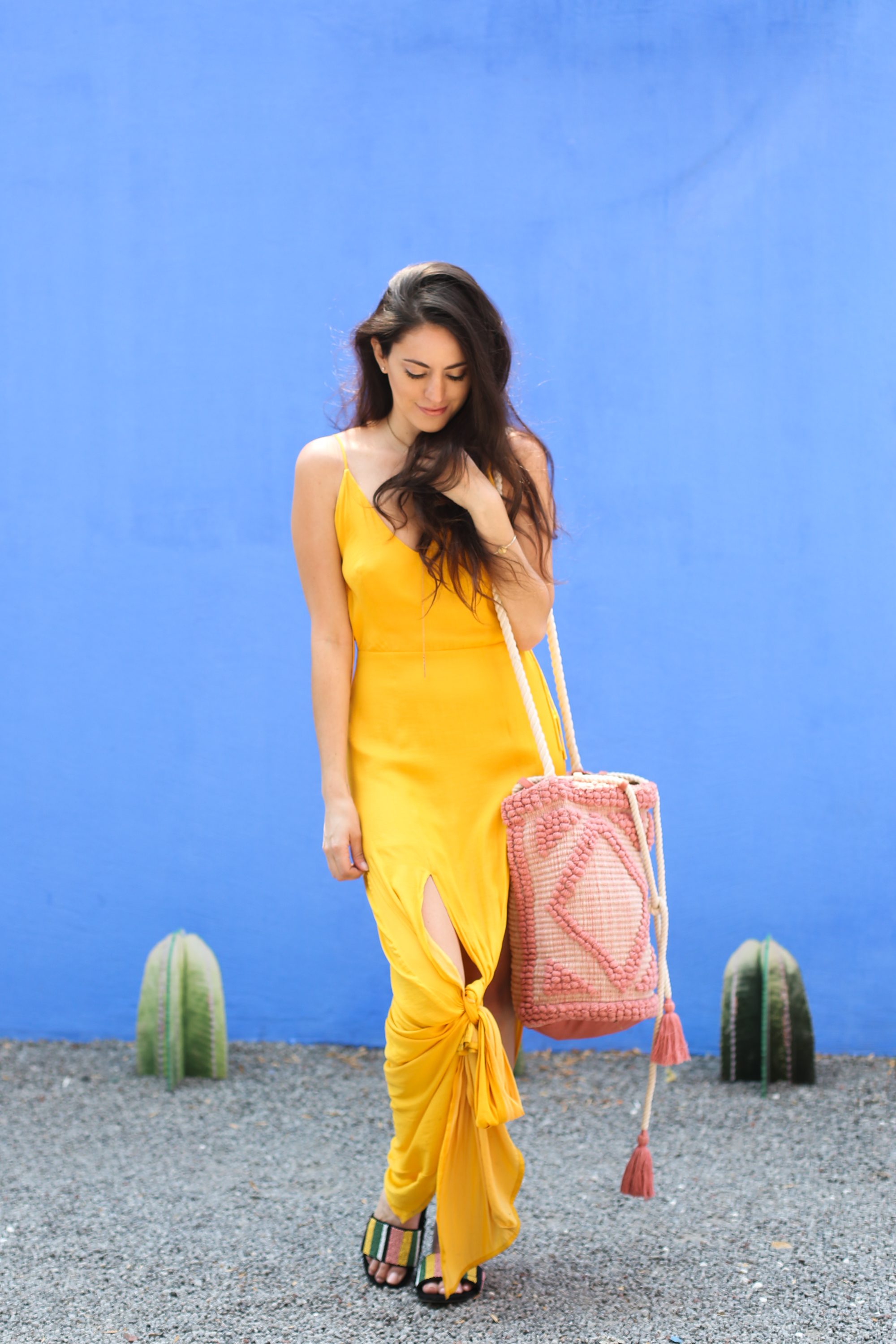 mexico city, what to wearin mexico city, vacation outfit ideas, tropical outfit ideas, yellow maxi dress, zara FLAT BEADED SLIDES multicolor, asos SOUTH BEACH DRAWSTRING SHOULDER BAG IN LULLABY PINK, south moon under Capulet Double Slit & Ties Maxi Dress