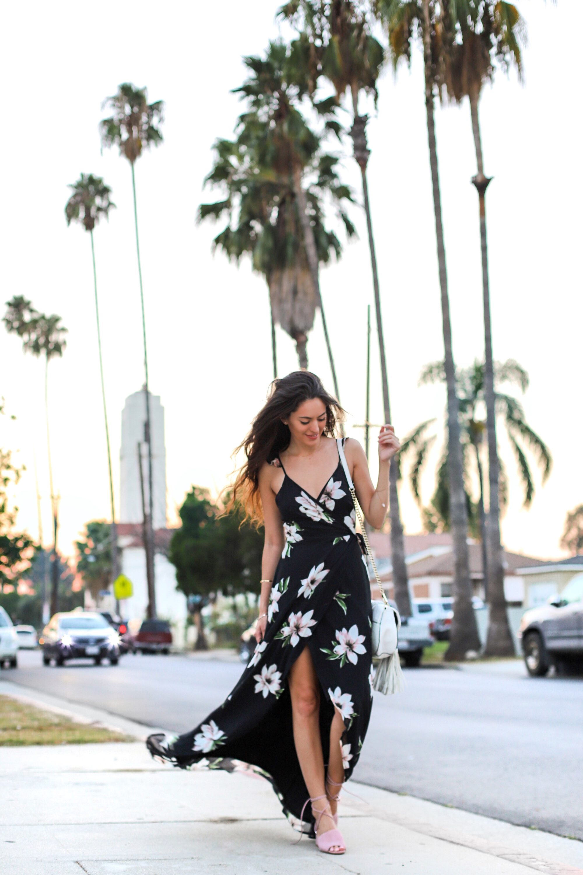 black and pink maxi, black maxi dress, black floral maxi dress, summer to fall outfit ideas, summer style, summer outfit ideas, fall wedding outfit ideas, Los Angeles, how to wear maxi dress for fall, lulus ALL MINE BLACK FLORAL PRINT HIGH-LOW WRAP DRESS