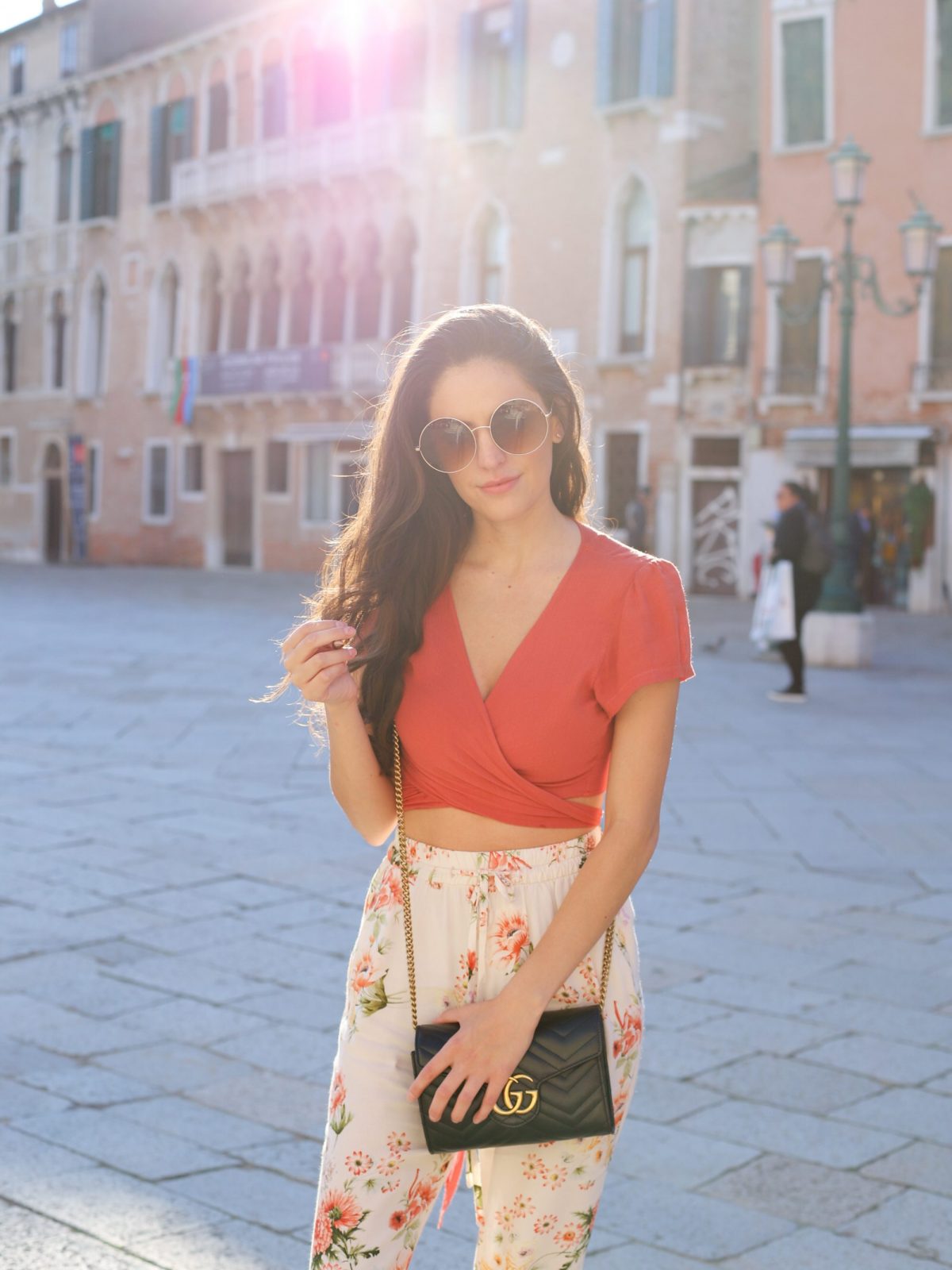 fall florals, what to wear in venice italy, orange crop top, gucci marmont mini malatesse, summer to fall outfit ideas