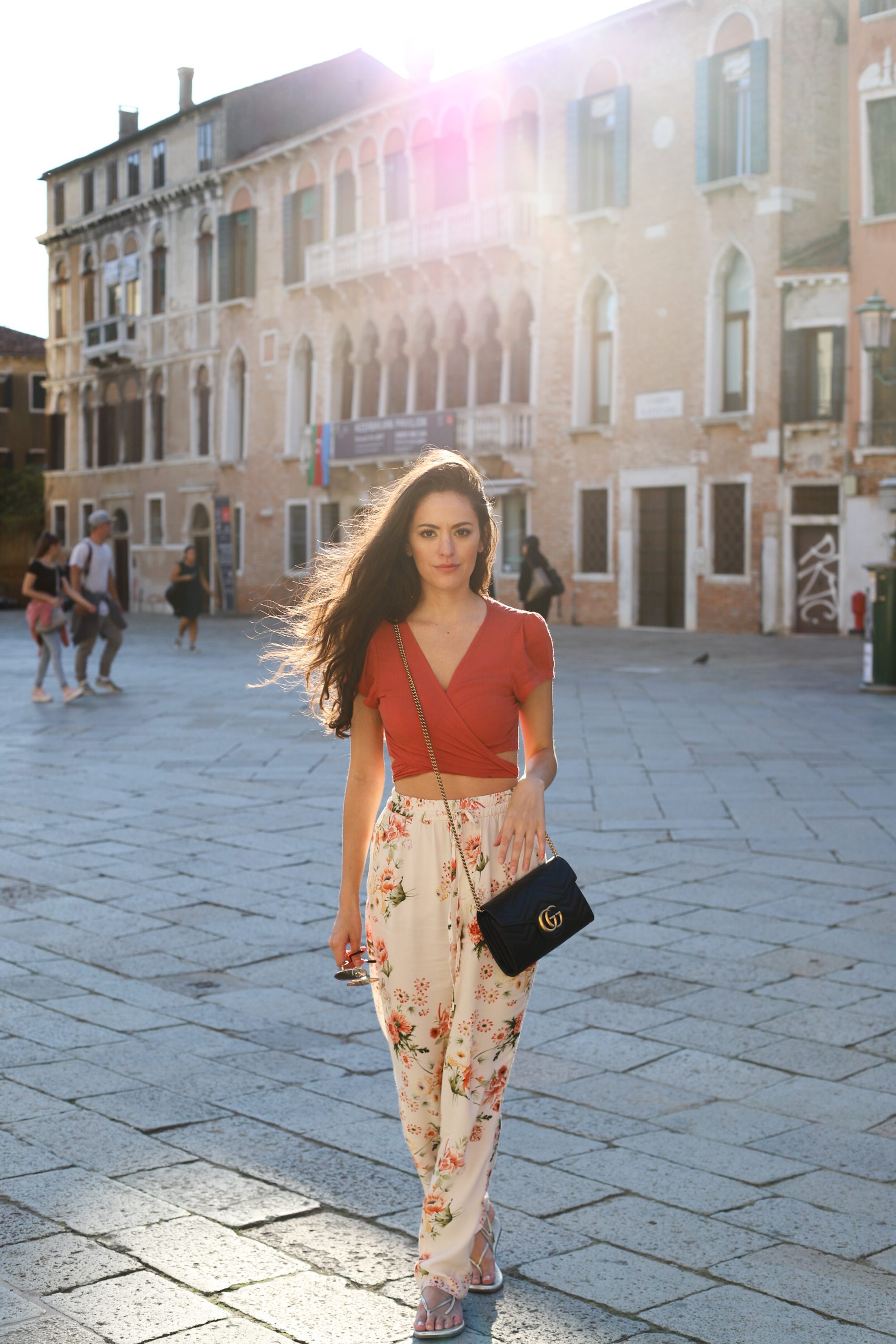 fall florals, what to wear in venice italy, orange crop top, gucci marmont mini malatesse, summer to fall outfit ideas