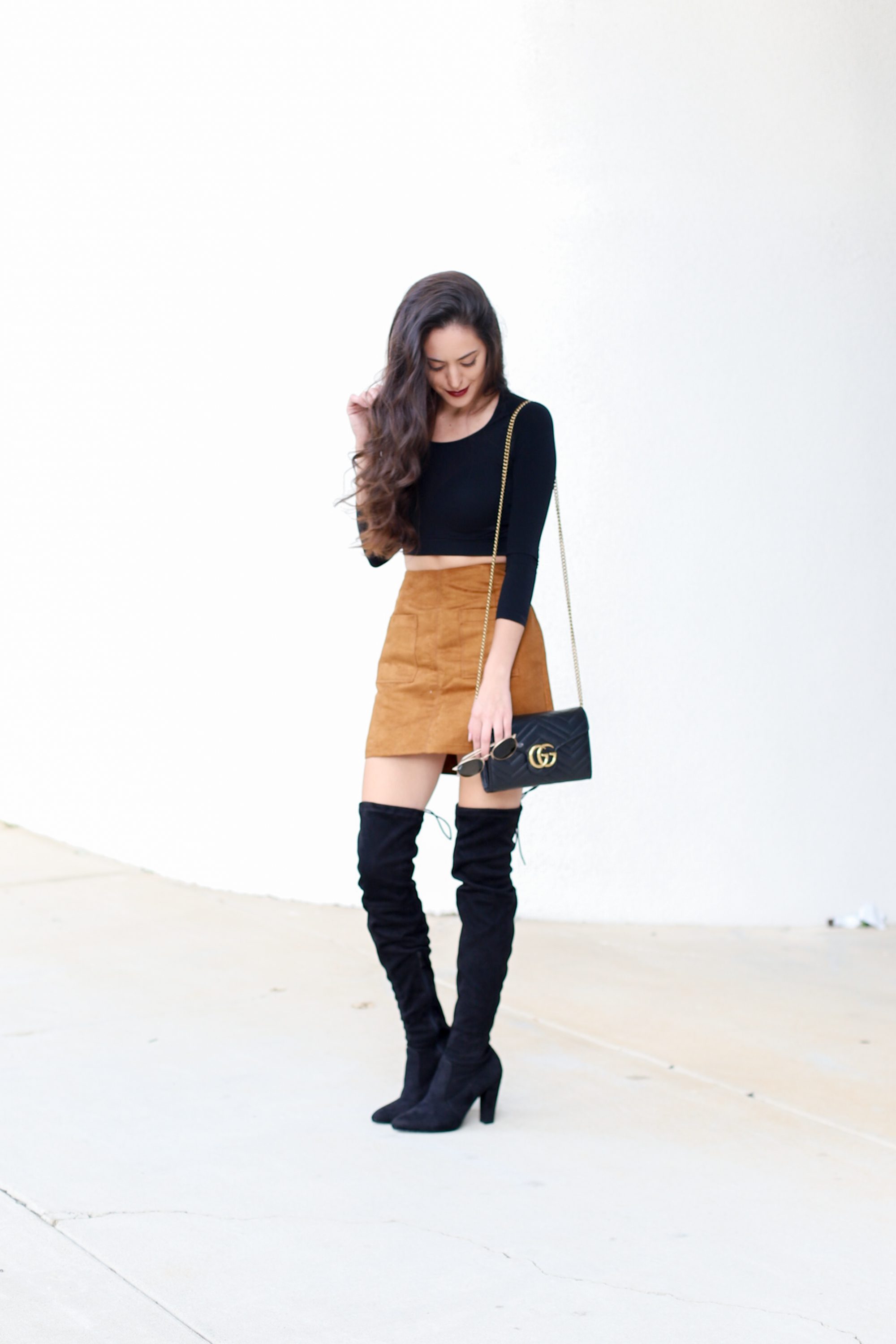 suede mini, otk boots, fall outfit ideas, fall outfit inspiration, fall looks, mini skirt with over the knee boots, how to style a mini skirt, what to wear with over the knee boots, how to wear a crop top in fall