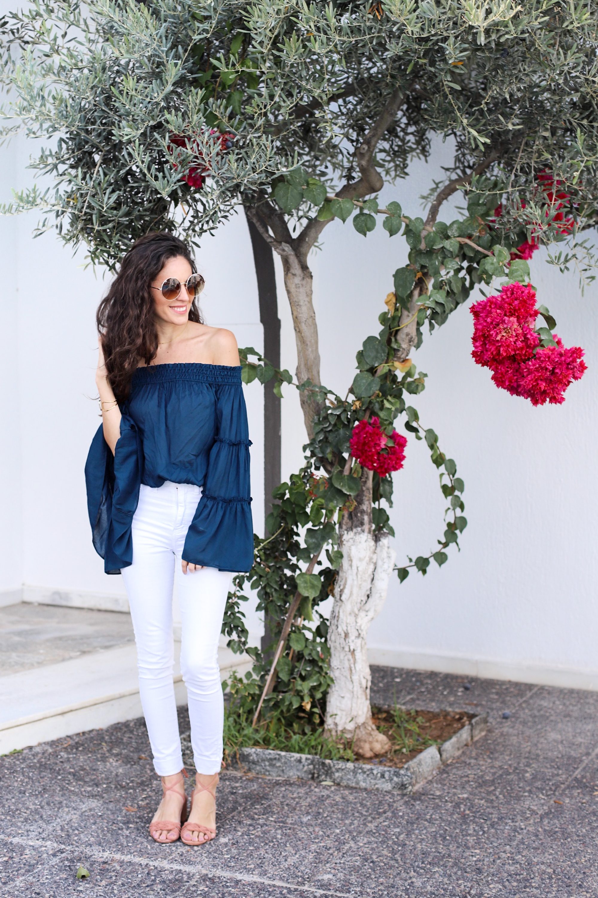 what to wear in santorini, schutz MARLIE SANDAL TOASTED, FREE PEOPLE FREE SPIRIT RUFFLE TIER OFF THE SHOULDER BLOUSE in turquoise, bell sleeves, off the shoulder top, blue and white, summer to fall outfit ideas