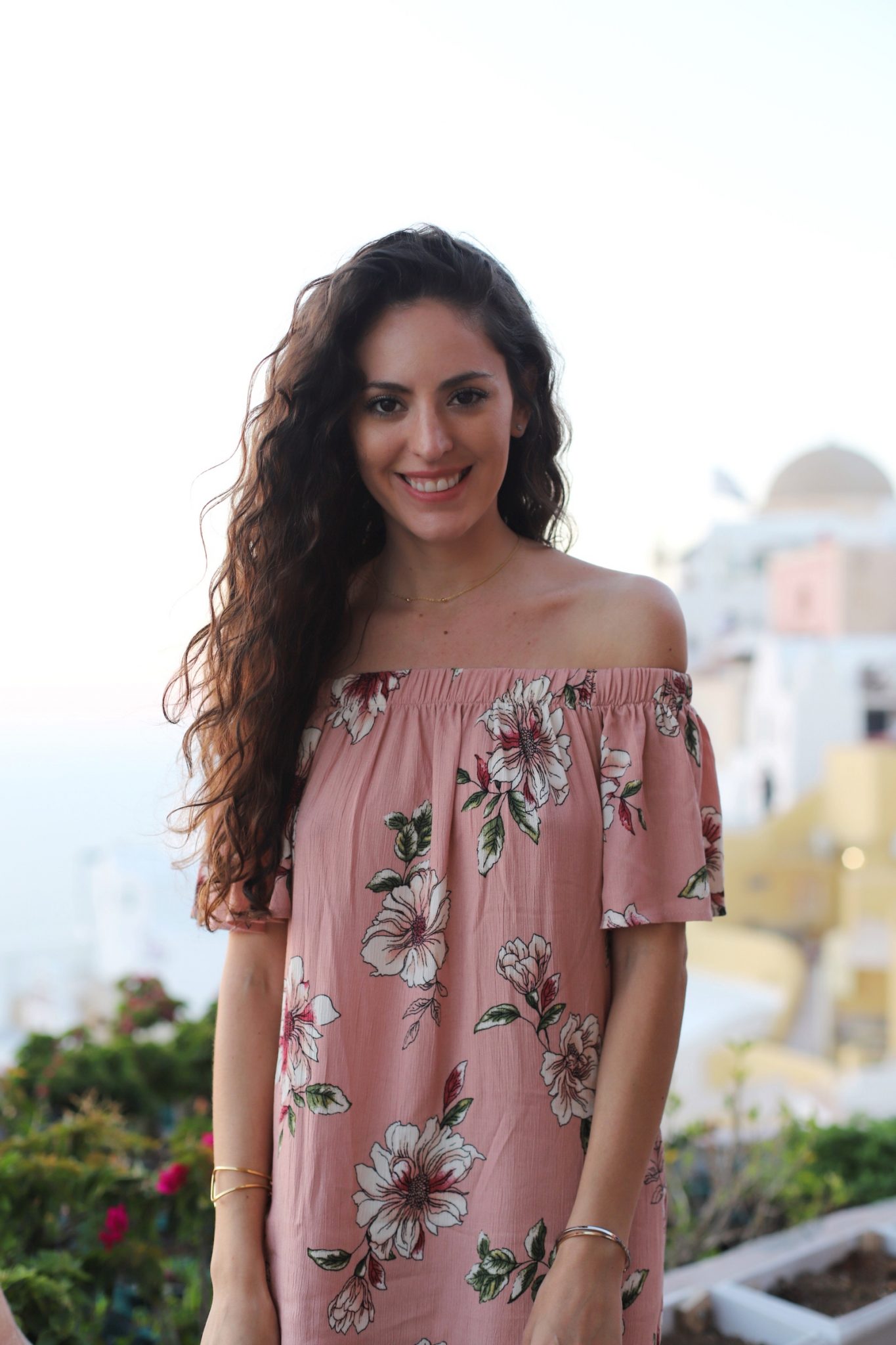 santorini sunset, sunset in oia, where to watch the sunset in Santorini, pink off the shoulder dress, charming charlie EVERLY FLORAL OFF-THE-SHOULDER DRESS