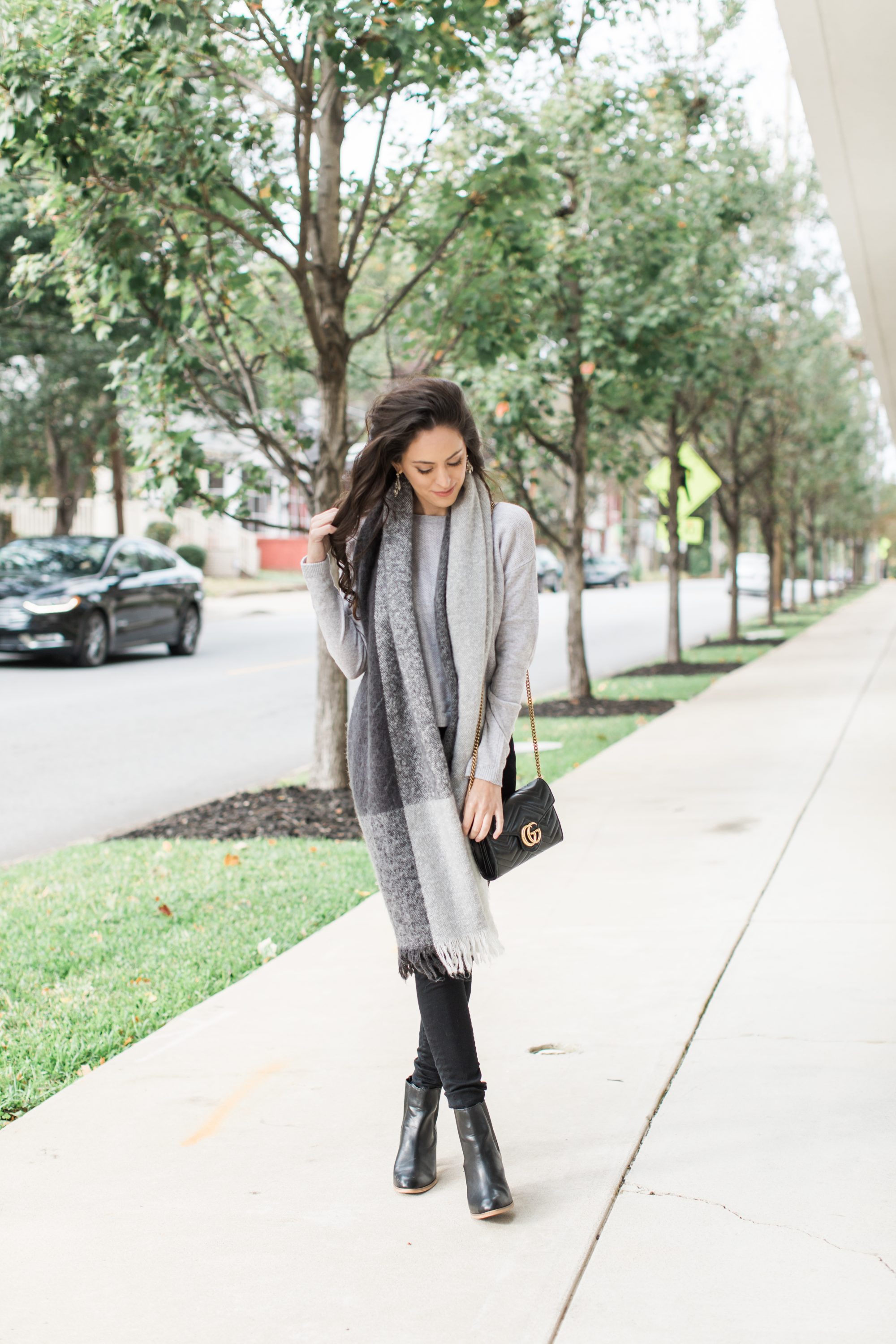 grey all day, grey scarf, grey sweater, gucci gg marmont, fall style, fall outfit ideas, winter style, winter outfit ideas