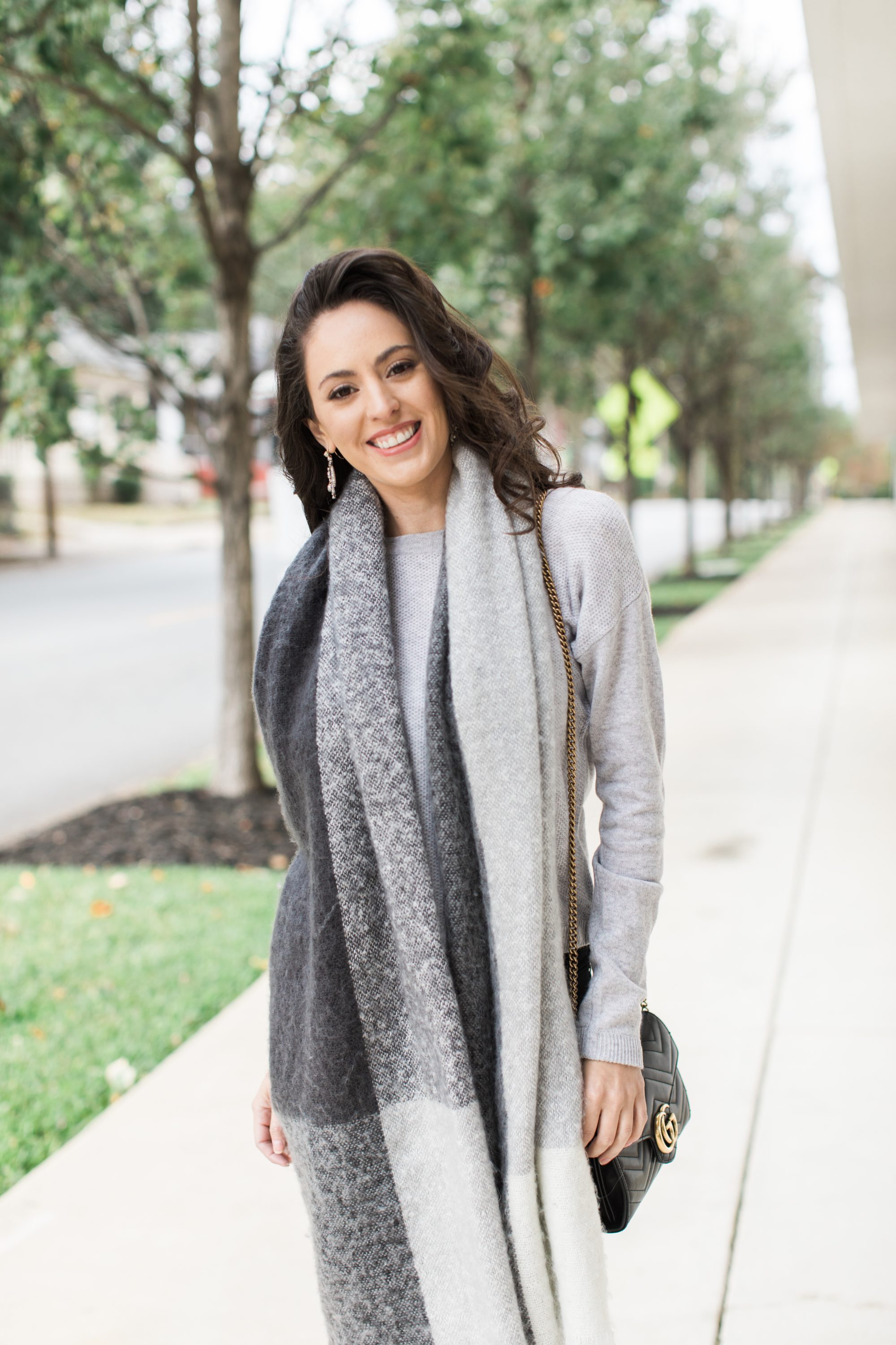 grey all day, grey scarf, grey sweater, gucci gg marmont, fall style, fall outfit ideas, winter style, winter outfit ideas