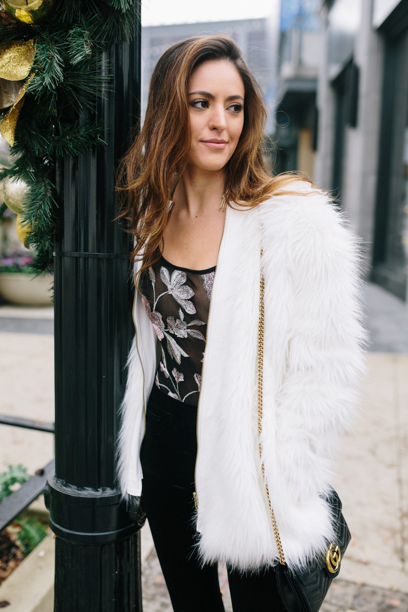 NYE outfit inspo, what to wear on new years eve 2017, NYE 2018, New Years 2018, retro chic NYE look, Blank NYC black velvet flares, express floral bodysuit, white fur coat, Atlanta style bloggers