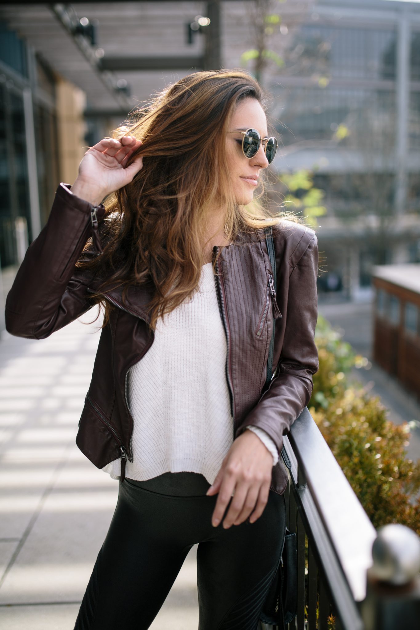 blanknyc faux leather jacket, spanx moto faux leather leggings, bell sleeve sweater, rebecca minkoff bag, rayban sunglasses, casual cool style