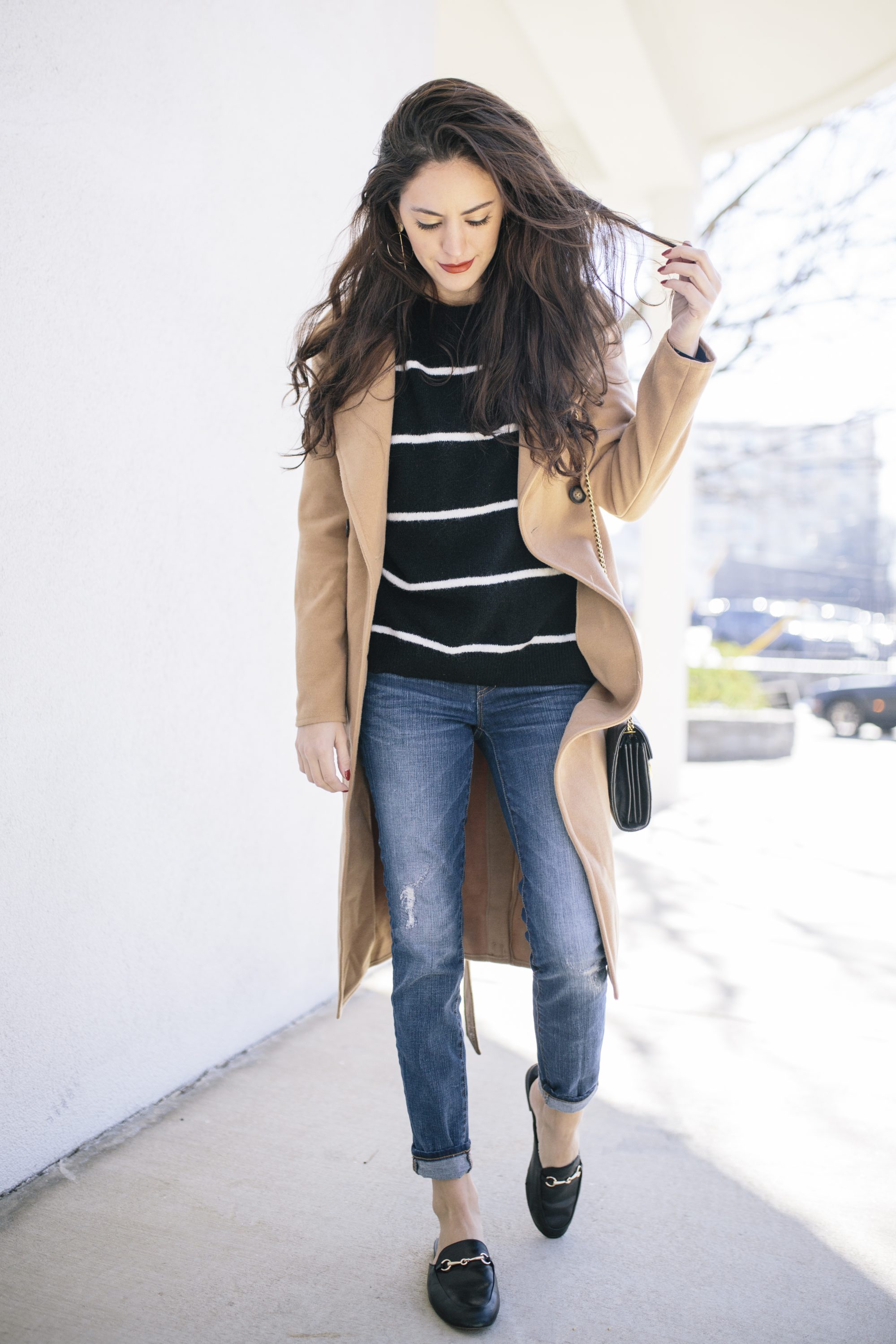 casual stripes, how to style stripes in the winter, casual winter outfit ideas, gucci marmont, j.crew toothpick denim, horsebit slides, tan trench coat, boohoo Petite Erin Belted Wool Look Robe Duster Coat