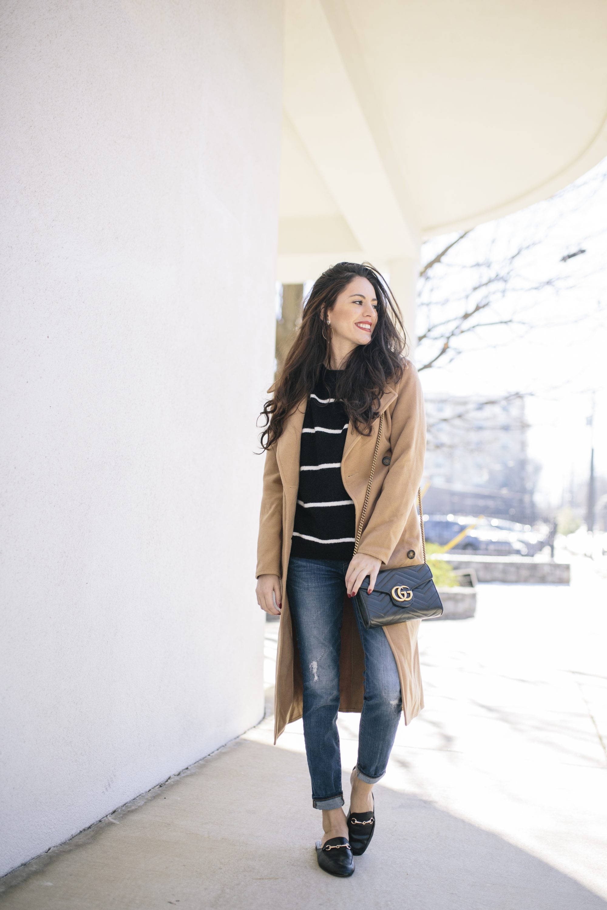 casual stripes, how to style stripes in the winter, casual winter outfit ideas, gucci marmont, j.crew toothpick denim, horsebit slides, tan trench coat, boohoo Petite Erin Belted Wool Look Robe Duster Coat
