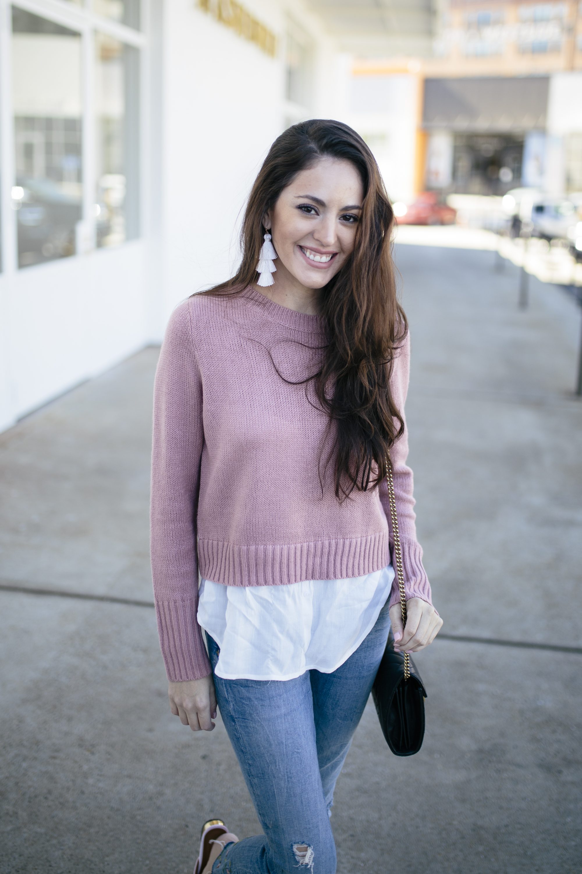 layered sweater, dusty rose, pink pouf flats, pink pointed toe flats, pink pointy toe flats, tassel earrings, floral denim, pink outfit ideas, casual style, spring style, spring outfit ideas, baublebar gabriela stud tassel earrings white, gucci marmont crossbody