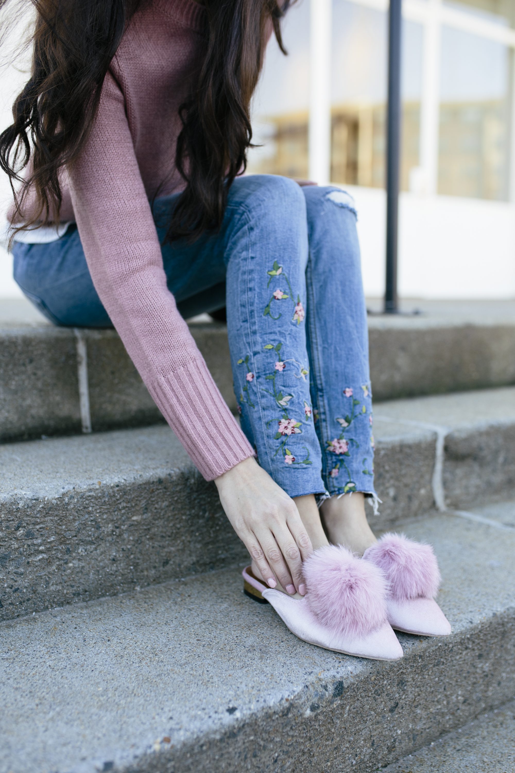 layered sweater, dusty rose, pink pouf flats, pink pointed toe flats, pink pointy toe flats, tassel earrings, floral denim, pink outfit ideas, casual style, spring style, spring outfit ideas, baublebar gabriela stud tassel earrings white, gucci marmont crossbody