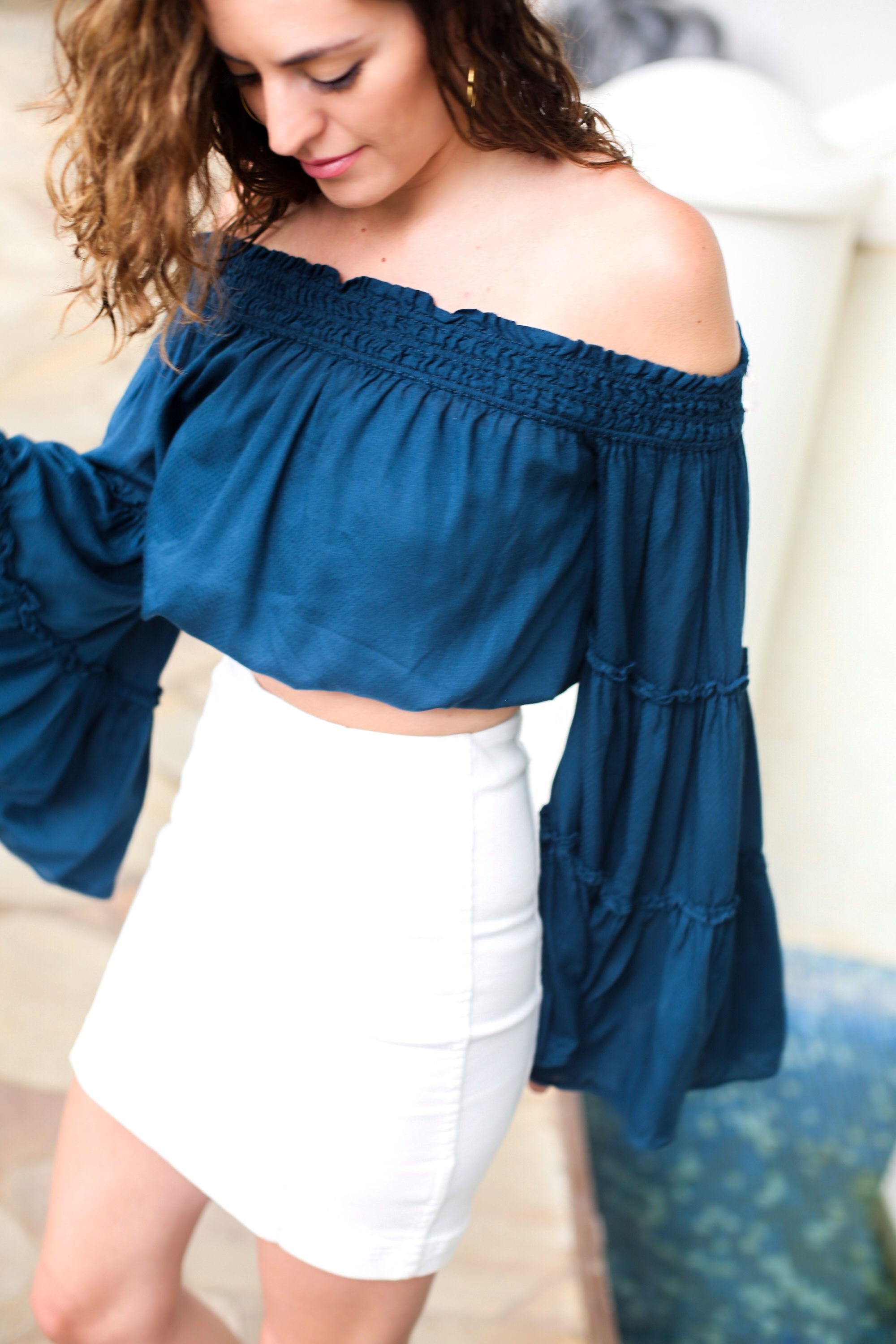 bell sleeves, white denim mini skirt, Free People Free Spirit Ruffle Tier Off The Shoulder Blouse, south moon under, maui happy hour, Free People Modern Femme Mini Skirt, summer outfit ideas, spring outfit ideas, how to style a mini skirt, how to wear bell sleeves