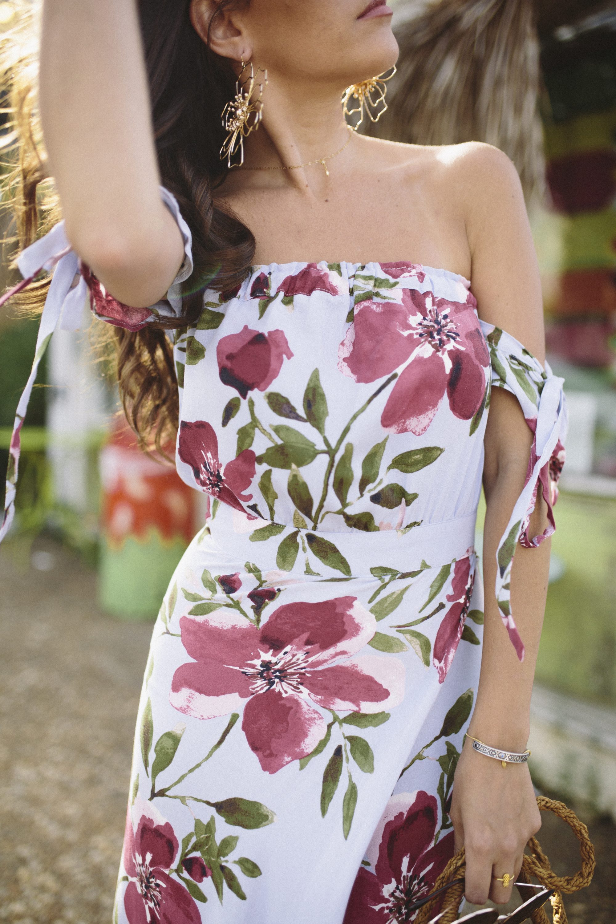floral maxi dress, off the shoulder, summer style, summer outfit ideas, what to wear to a summer wedding, what to wear on a first date, south moon under Abbeline Off Shoulder Floral Printed Maxi Wrap Dress, baublebar Blossom Drop Earrings, straw bucket bag, atlanta style blogger