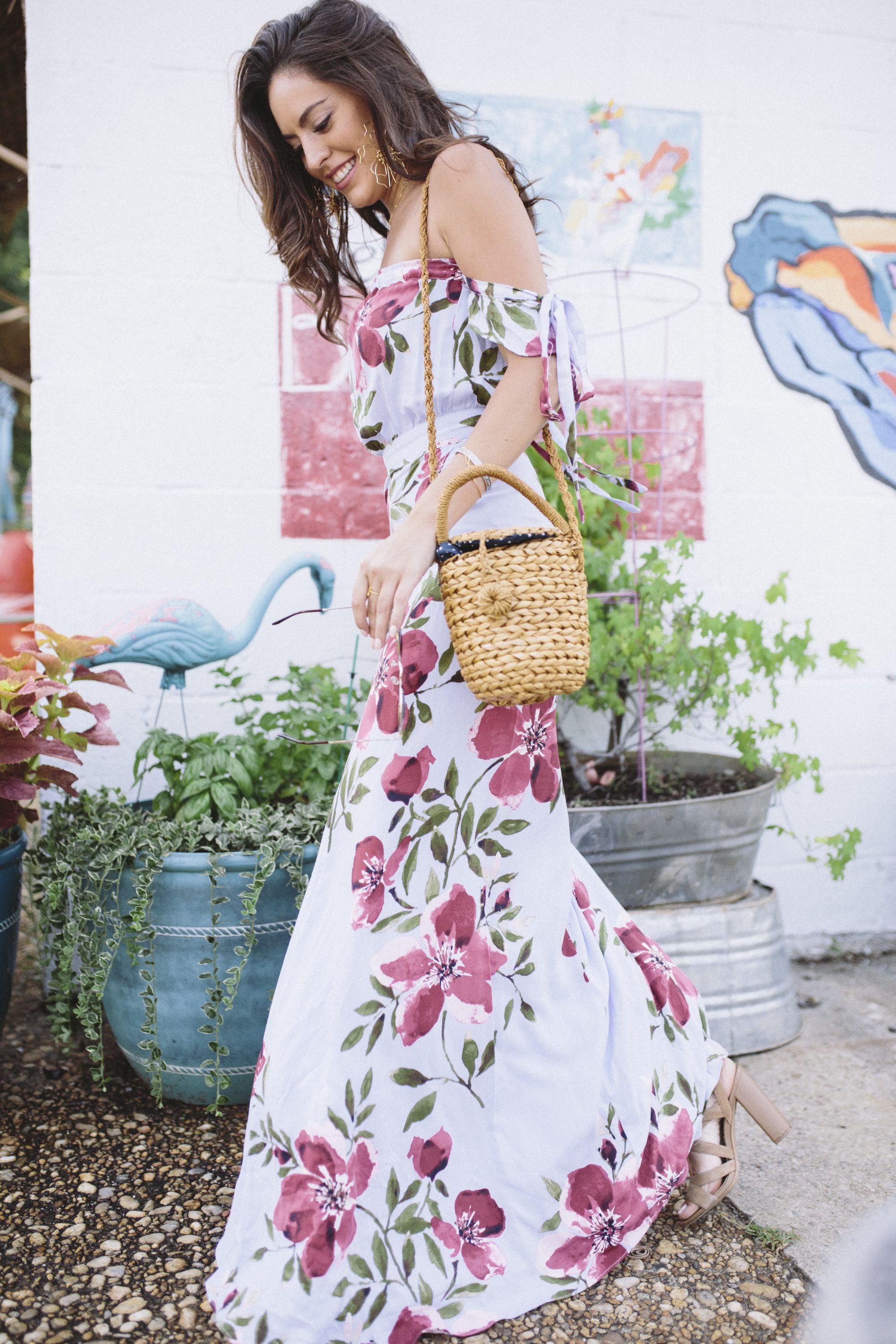 floral maxi dress, off the shoulder, summer style, summer outfit ideas, what to wear to a summer wedding, what to wear on a first date, south moon under Abbeline Off Shoulder Floral Printed Maxi Wrap Dress, baublebar Blossom Drop Earrings, straw bucket bag, atlanta style blogger