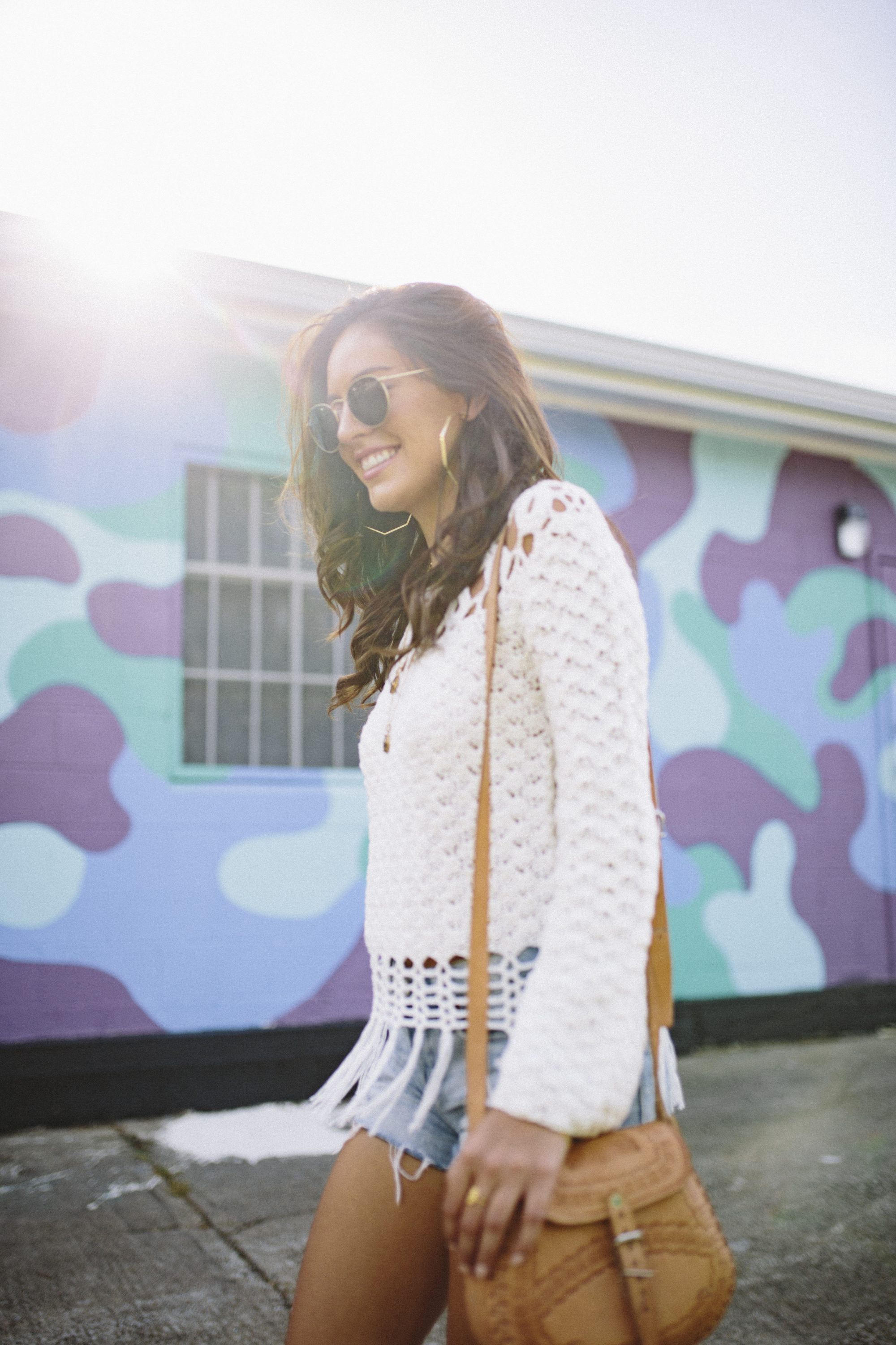 south moon under Neely Crochet Fringe Bell Sleeve Pullover. sweater and shorts, how to wear a sweater in the summer, layering necklaces, alex and ani layering necklaces, summer in the south, what to wear to casual happy hour, casual summer outfit ideas