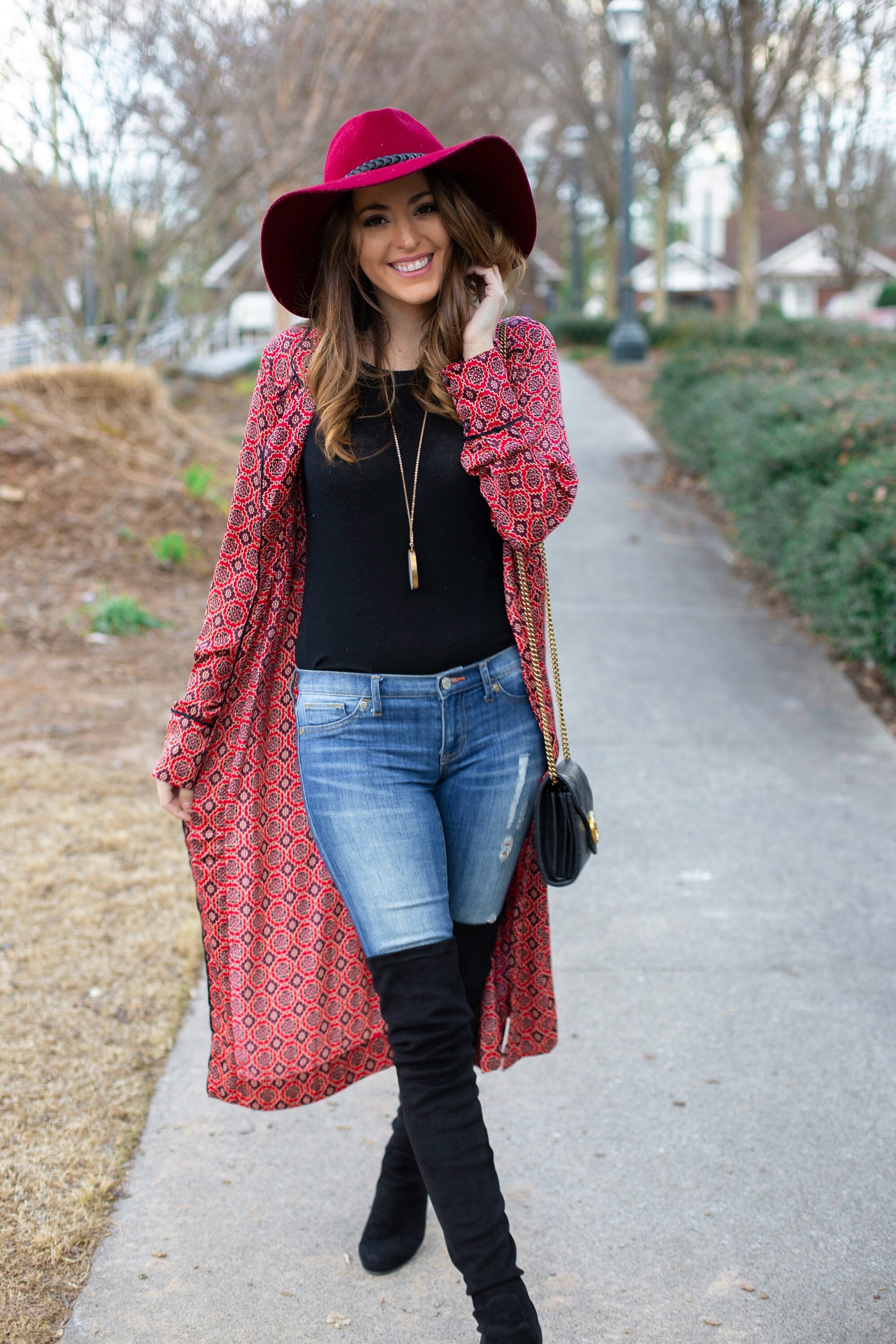 Free People Dawn To Dusk Printed Maxi Top, how to wear a kimono in the winter, sunday brunch at gypsy kitchen, sunday funday, what to do in Atlanta, how to wear red, boho style, how to wear over the knee boots, how to wear a floppy wool hat, wide brim fedora