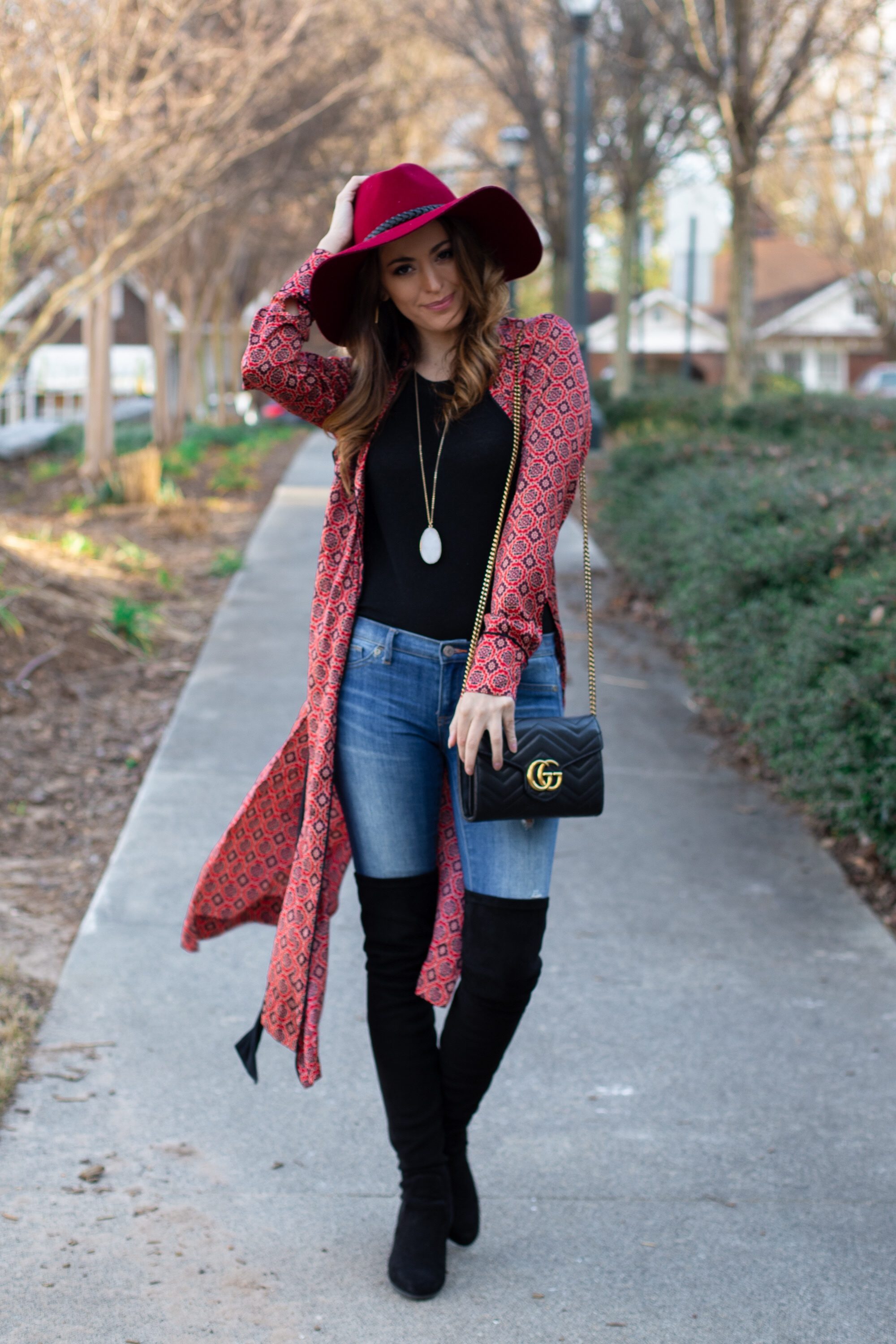 Free People Dawn To Dusk Printed Maxi Top, how to wear a kimono in the winter, sunday brunch at gypsy kitchen, sunday funday, what to do in Atlanta, how to wear red, boho style, how to wear over the knee boots, how to wear a floppy wool hat, wide brim fedora