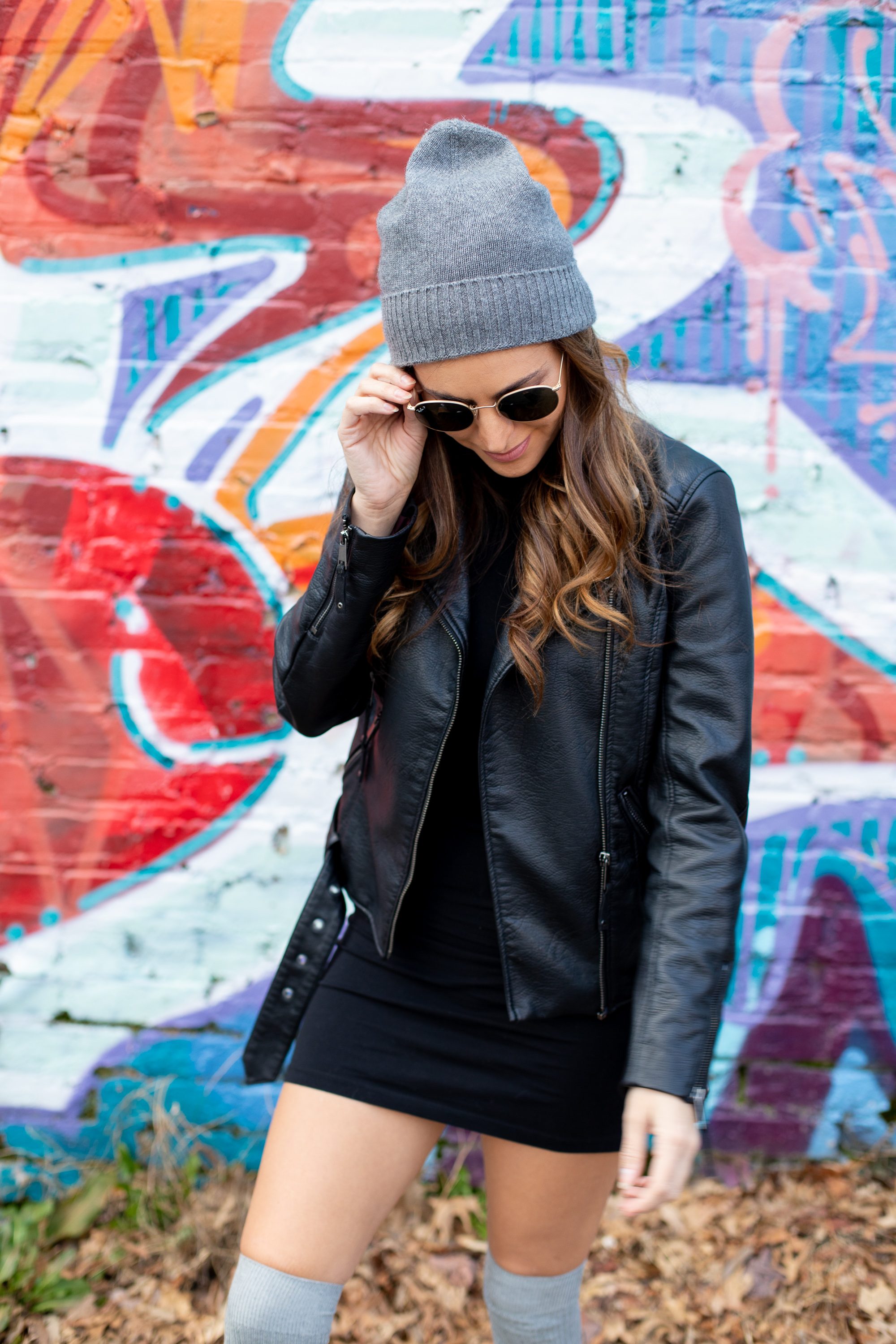 casual cool winter outfit ideas, jacks pizza and wings, free people cashmere beanie, black tshirt dress, how to wear converse with a dress in the winter