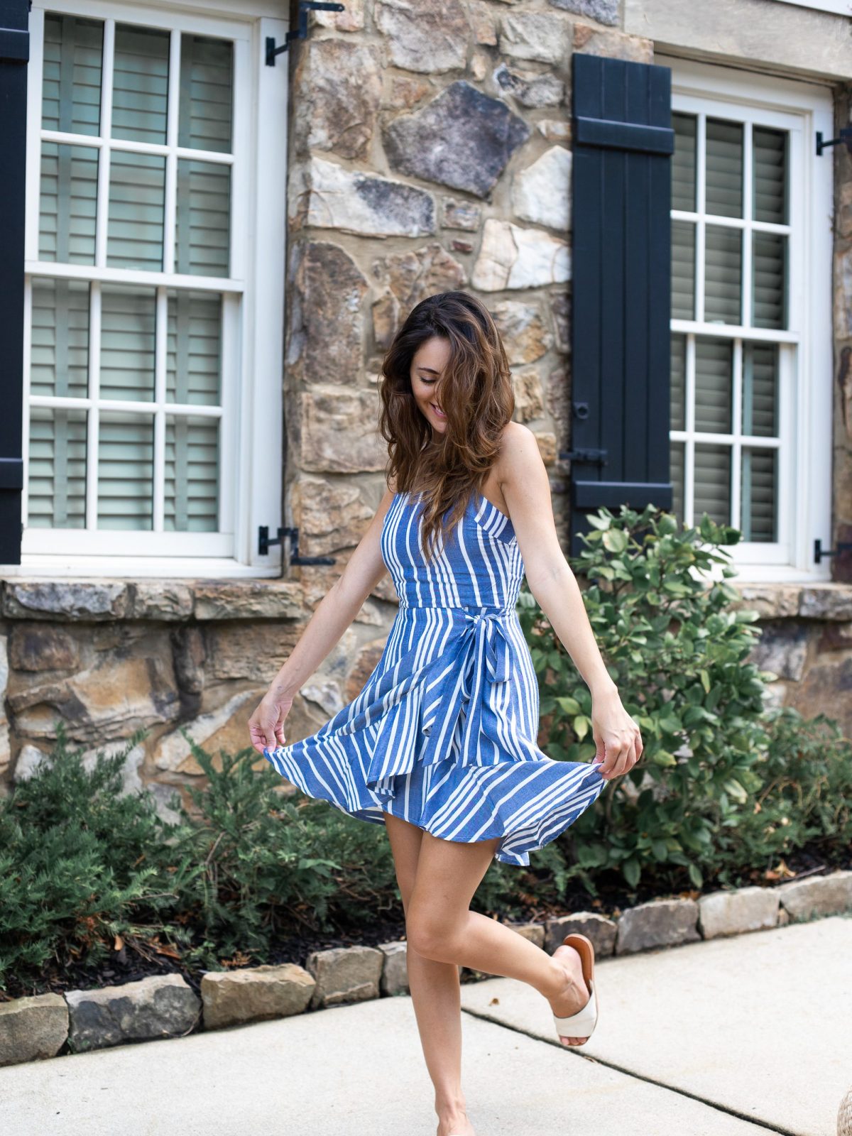 express Striped Square Neck Ruffle Front Wrap Dress, blue striped dress, summer outfit ideas, feminine summer outfit ideas, what to wear in the summer