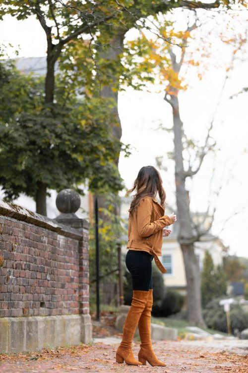 fall in new england, fall outfit ideas, fall looks, how to wear over the knee boots, otk boots, tan jacket, tan moto jacket, fall in boston, Massachusetts, boston city guide, best areas in boston, where to stay in boston, what to do in boston