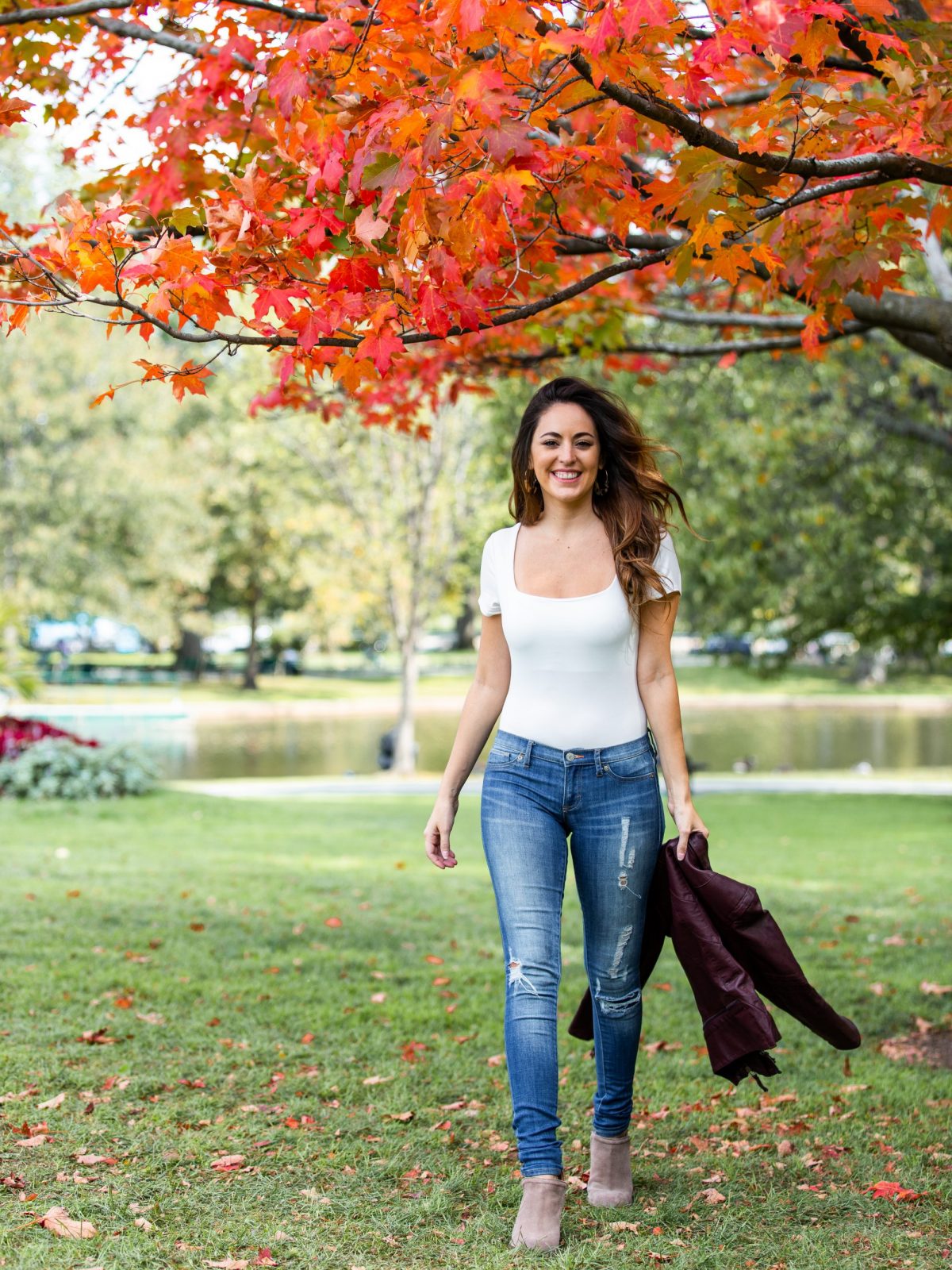 boston public garden, fall outfit ideas, what to wear in the fall, wine leather moto jacket, ripped skinny jeans, the best booties for fall, casual fall outfits
