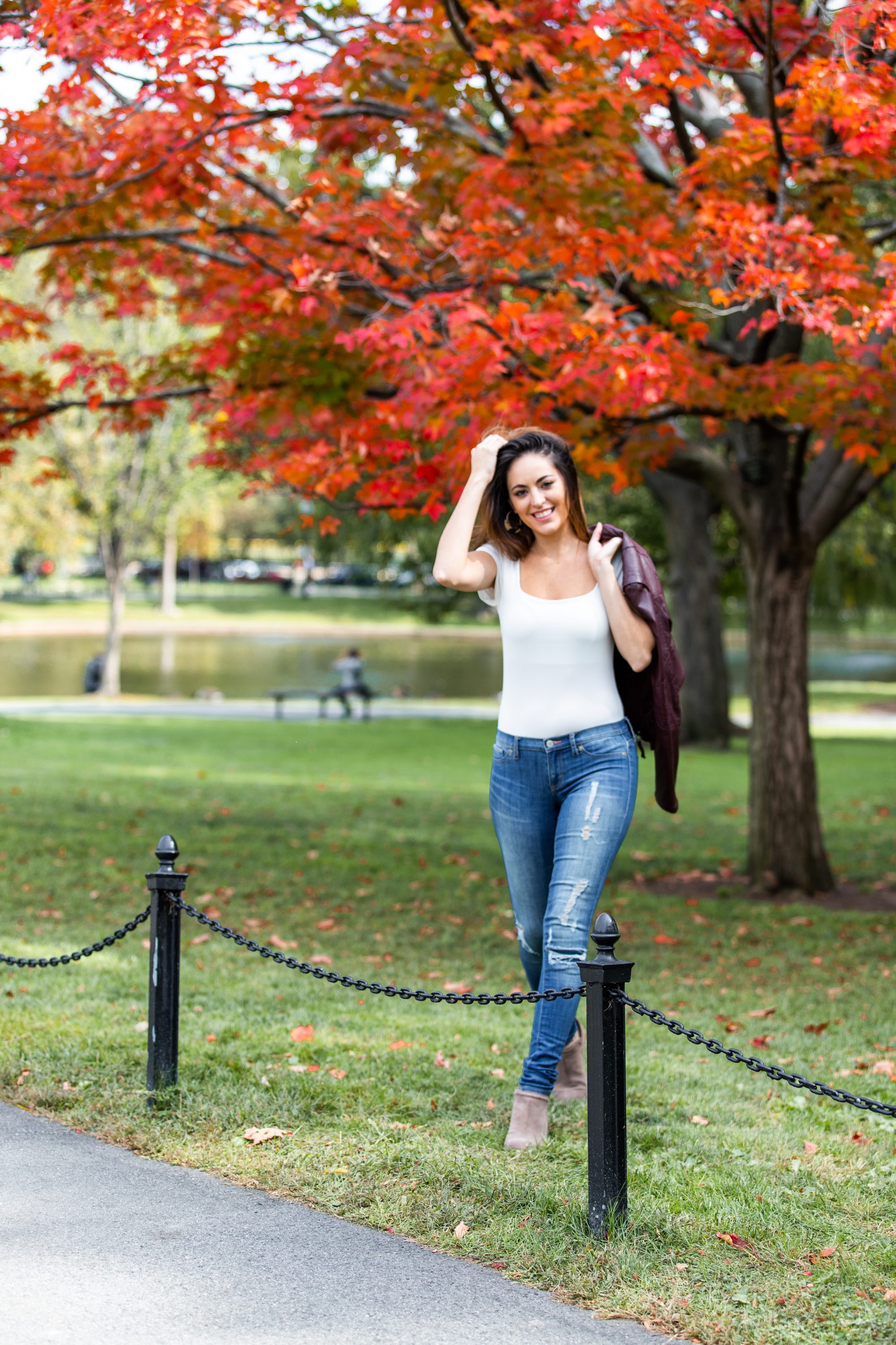 boston public garden, fall outfit ideas, what to wear in the fall, wine leather moto jacket, ripped skinny jeans, the best booties for fall, casual fall outfits