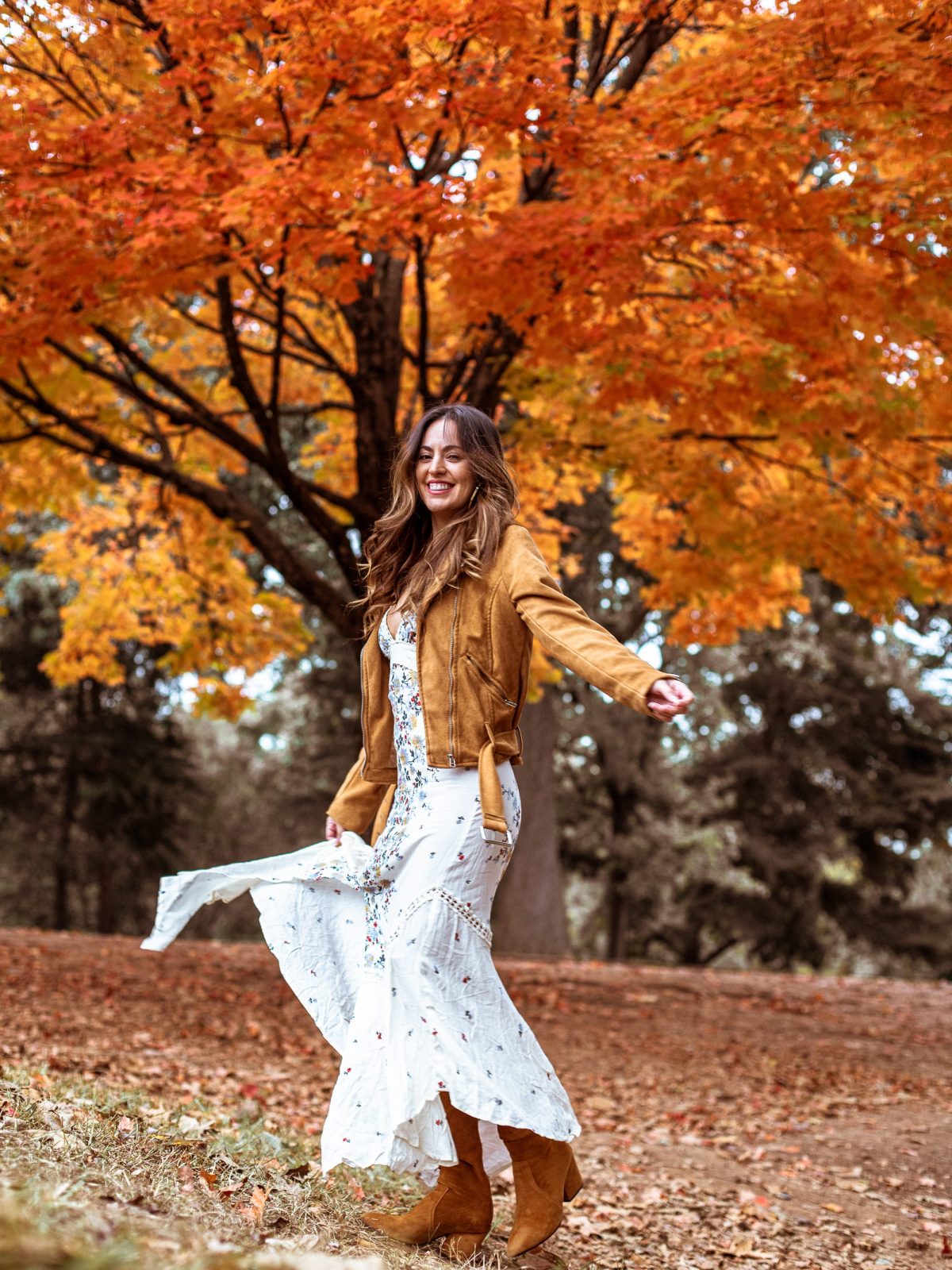 How to Wear a Summer Dress Into Fall, free people maxi dress, fall outfit ideas, summer dress in the fall, otk boots, over the knee boots, fall style, what to wear for fall, bb dakota jacket, goodnight macaroon over the knee boots styled