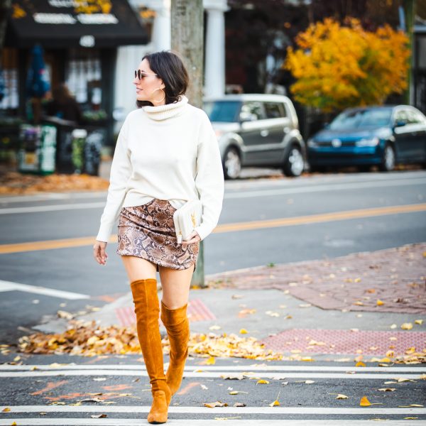 over the knee boots, otk boots, fall style, wearing a skirt in the fall, skirt in winter, turtleneck sweater, faux fur jacket, faux fur coat, fall family photos